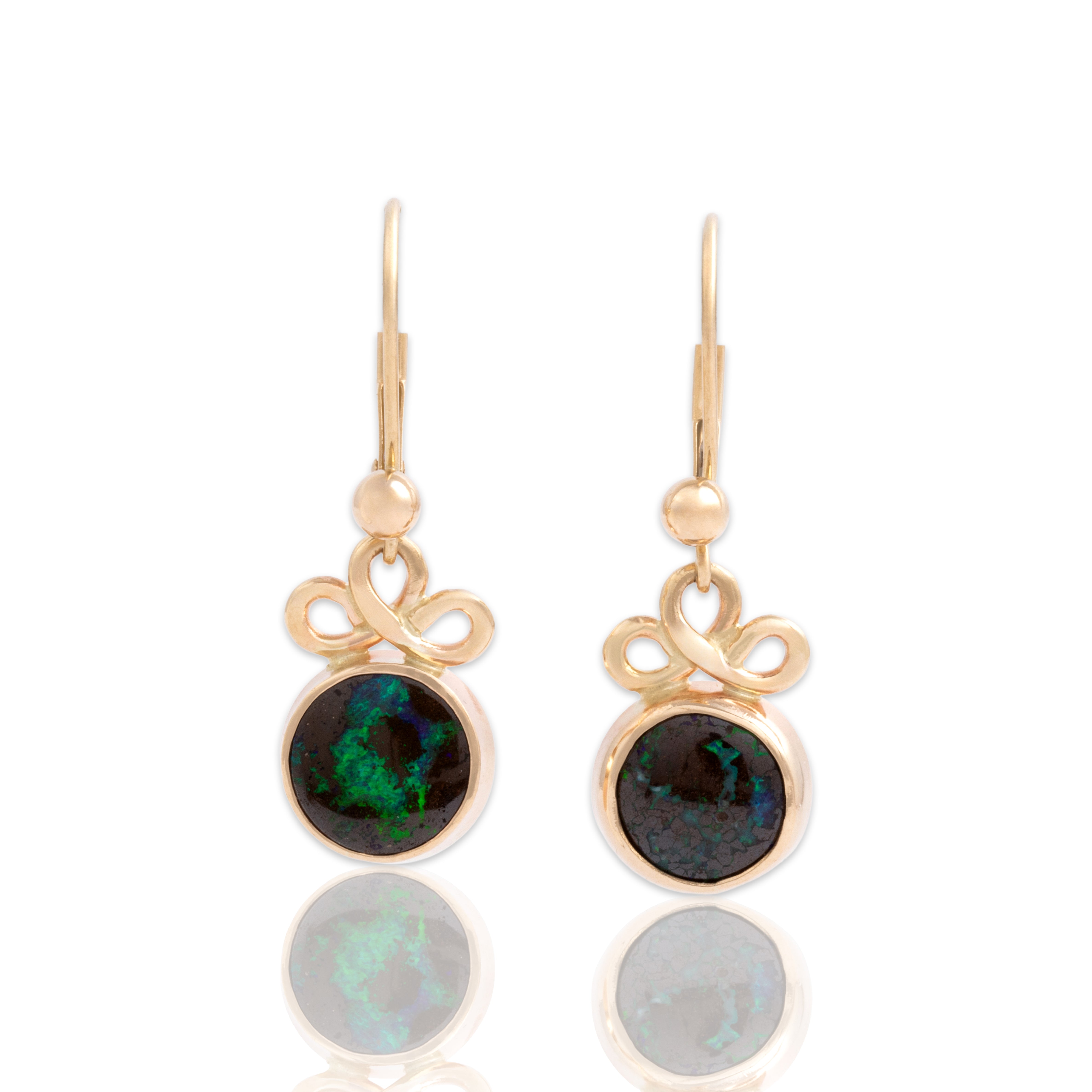 Vintage 14k Yellow Gold 1.32cttw Boulder Opal Lovely Looping Bezel-Set Dangle Earrings - Close-up view