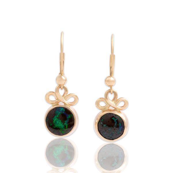 Vintage 14k Yellow Gold 1.32cttw Boulder Opal Looping Bezel-Set Dangle Earrings
