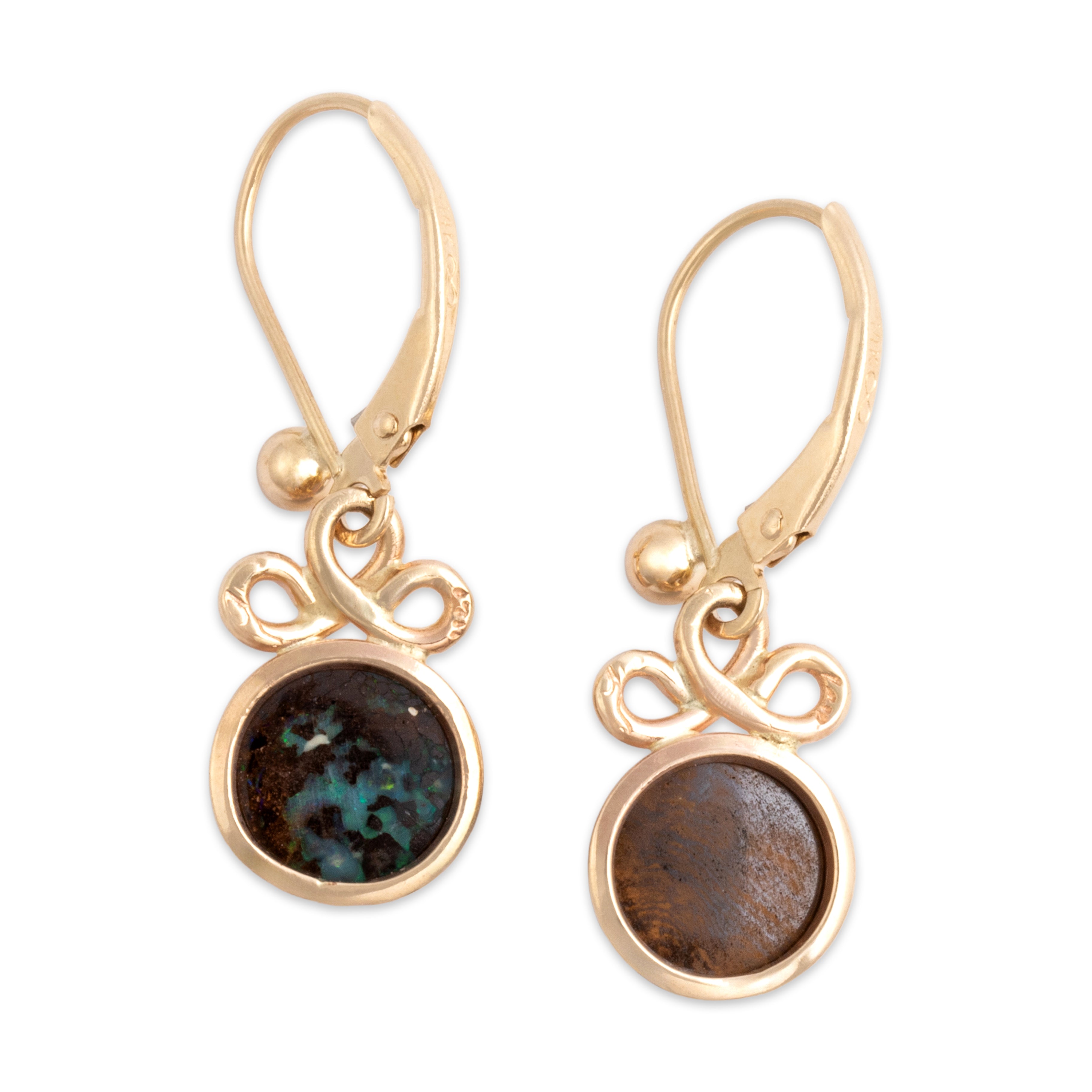 Vintage 14k Yellow Gold 1.32cttw Boulder Opal Lovely Looping Bezel-Set Dangle Earrings - Overall view