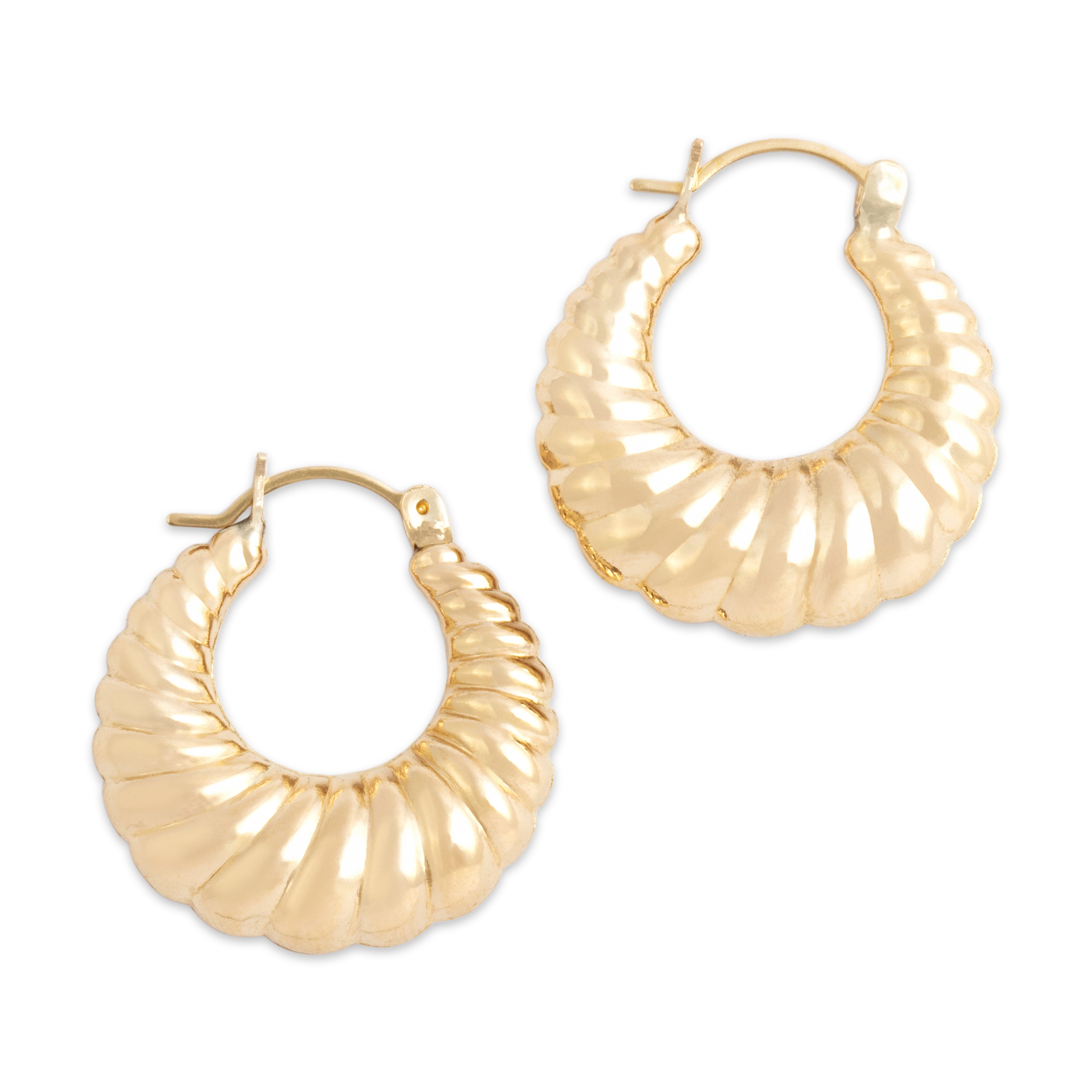 Vintage 14k Yellow Gold Sleek Dimensional Ribbed Hoop Earrings - Overall view