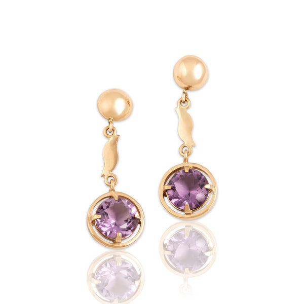 Vintage 14k Yellow Gold 2.9cttw Amethyst Artistic Drop Disc Dangle Earrings