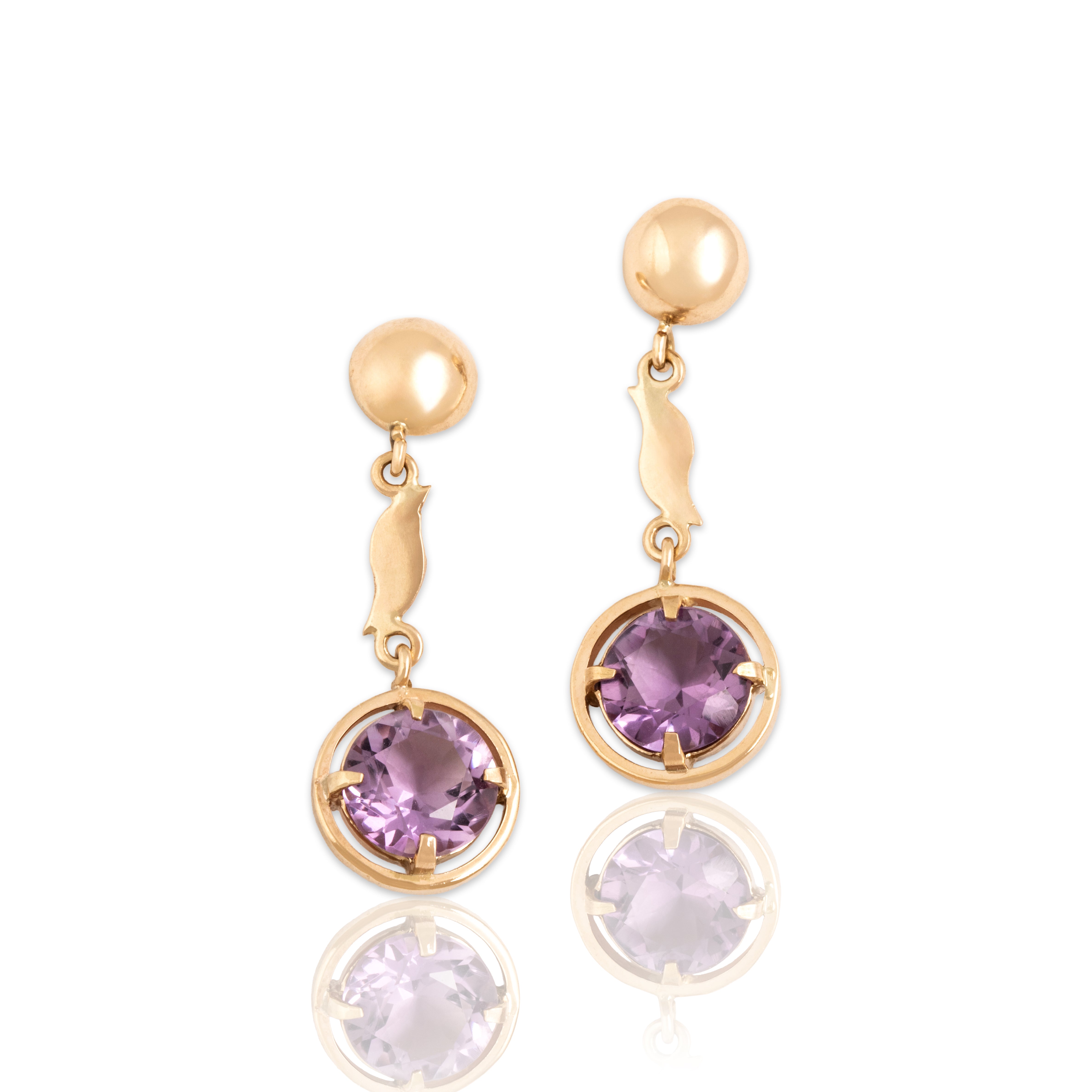 Vintage 14k Yellow Gold 2.9cttw Amethyst Artistic Drop Disc Dangle Earrings