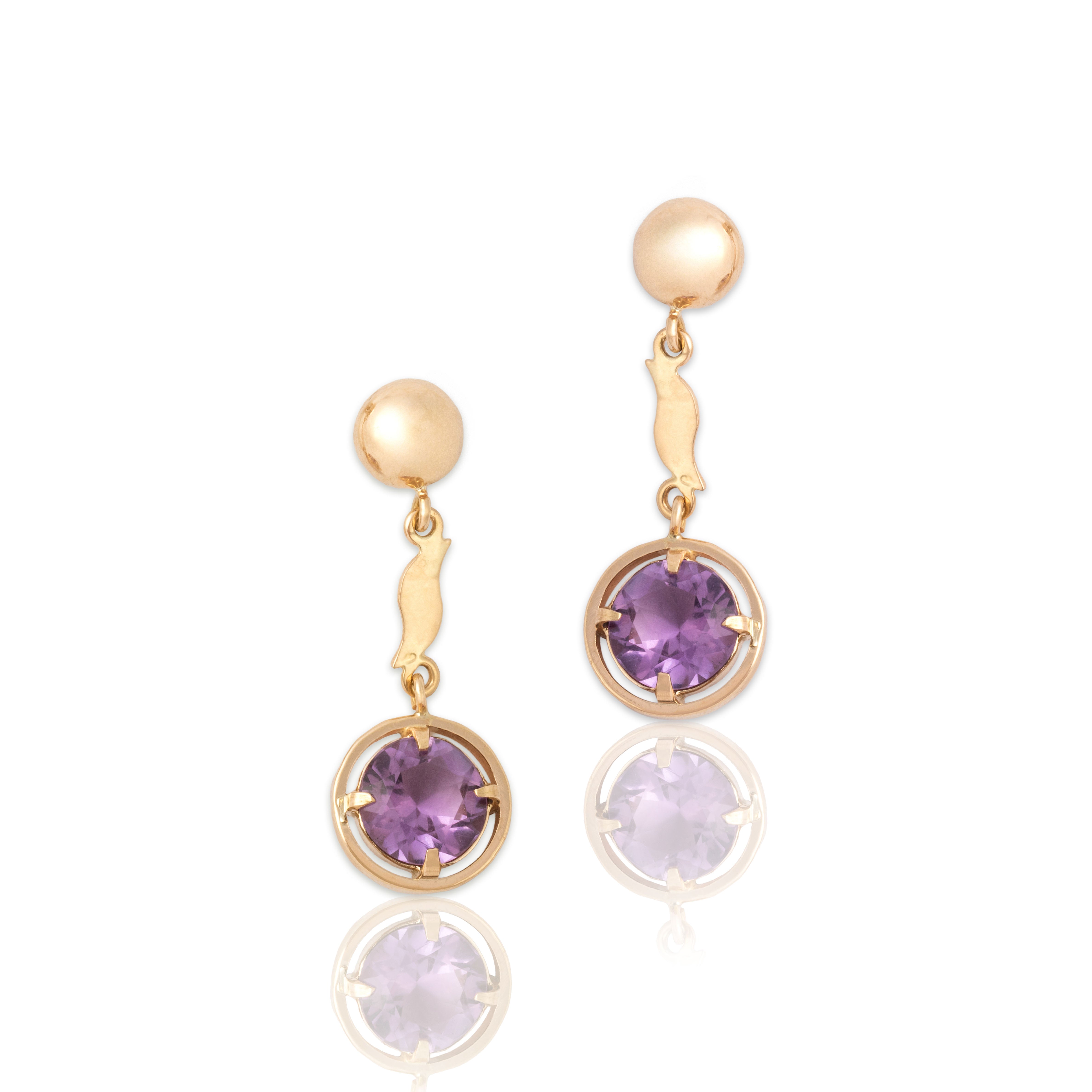 Vintage 14k Yellow Gold 2.9cttw Amethyst Artistic Drop Disc Dangle Earrings