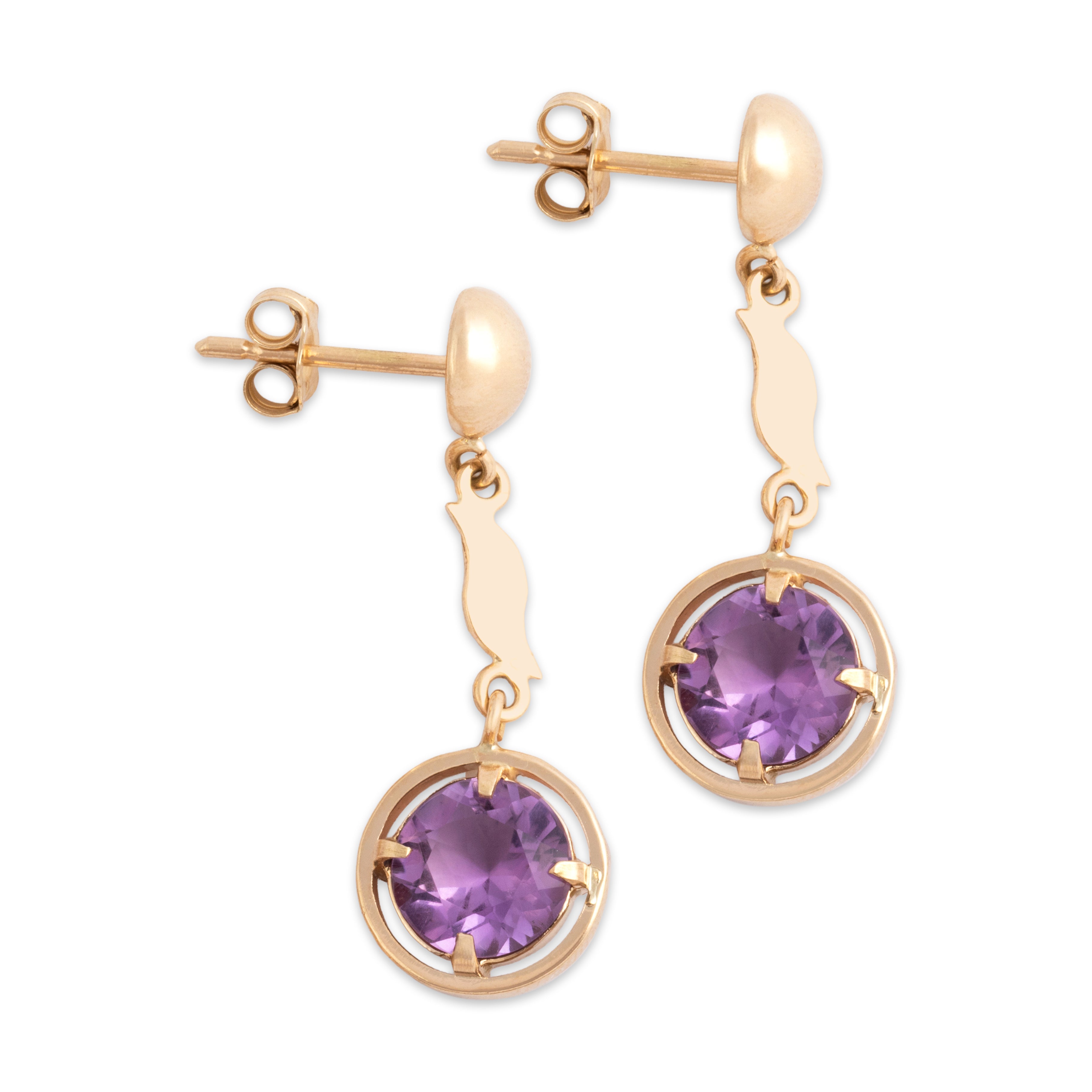 Vintage 14k Yellow Gold 2.9cttw Amethyst Artistic Drop Disc Dangle Earrings - Side view