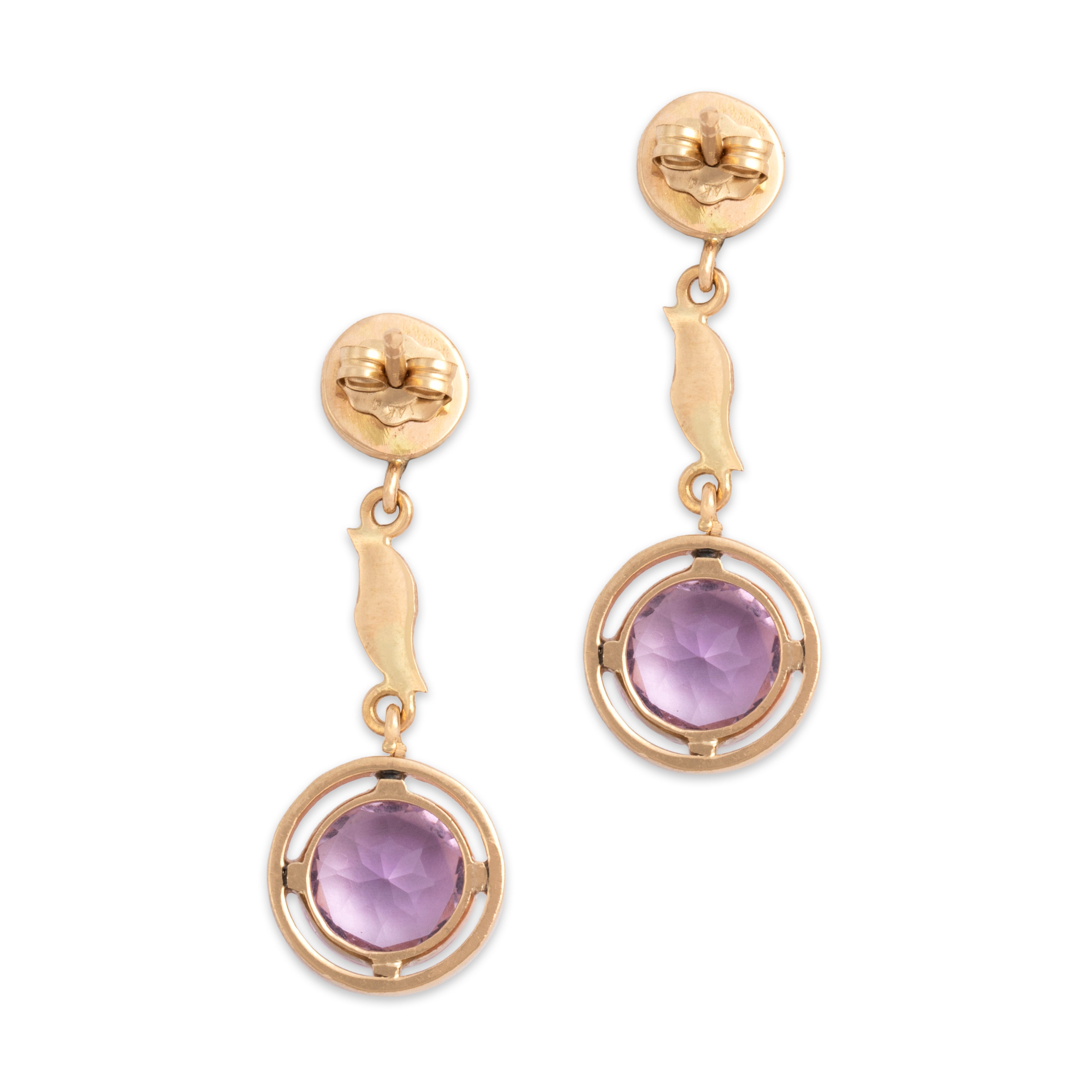 Vintage 14k Yellow Gold 2.9cttw Amethyst Artistic Drop Disc Dangle Earrings - Back view