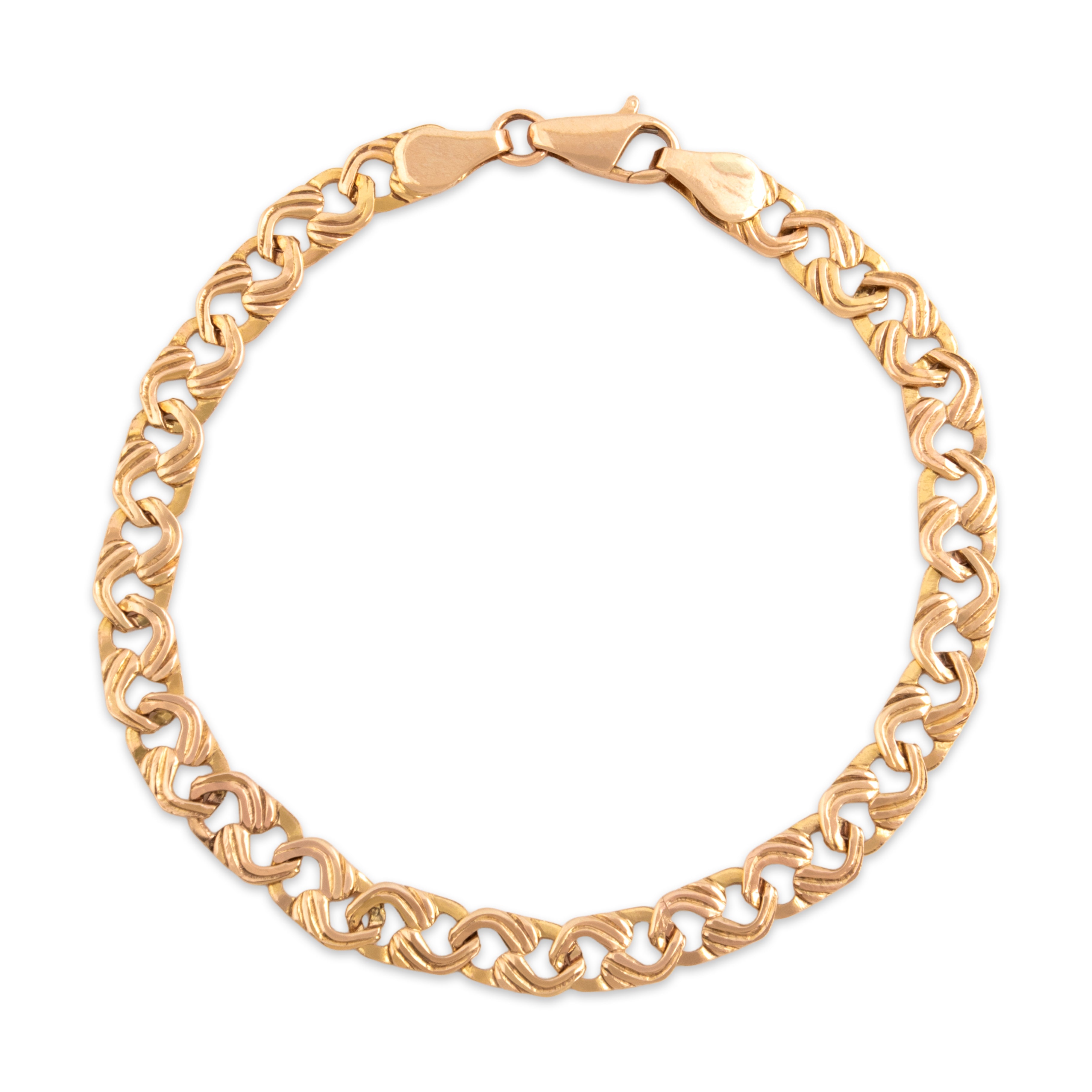 Vintage Italian Lightweight 14k Rosy Yellow Gold Ridged Link Bracelet - Close-up view