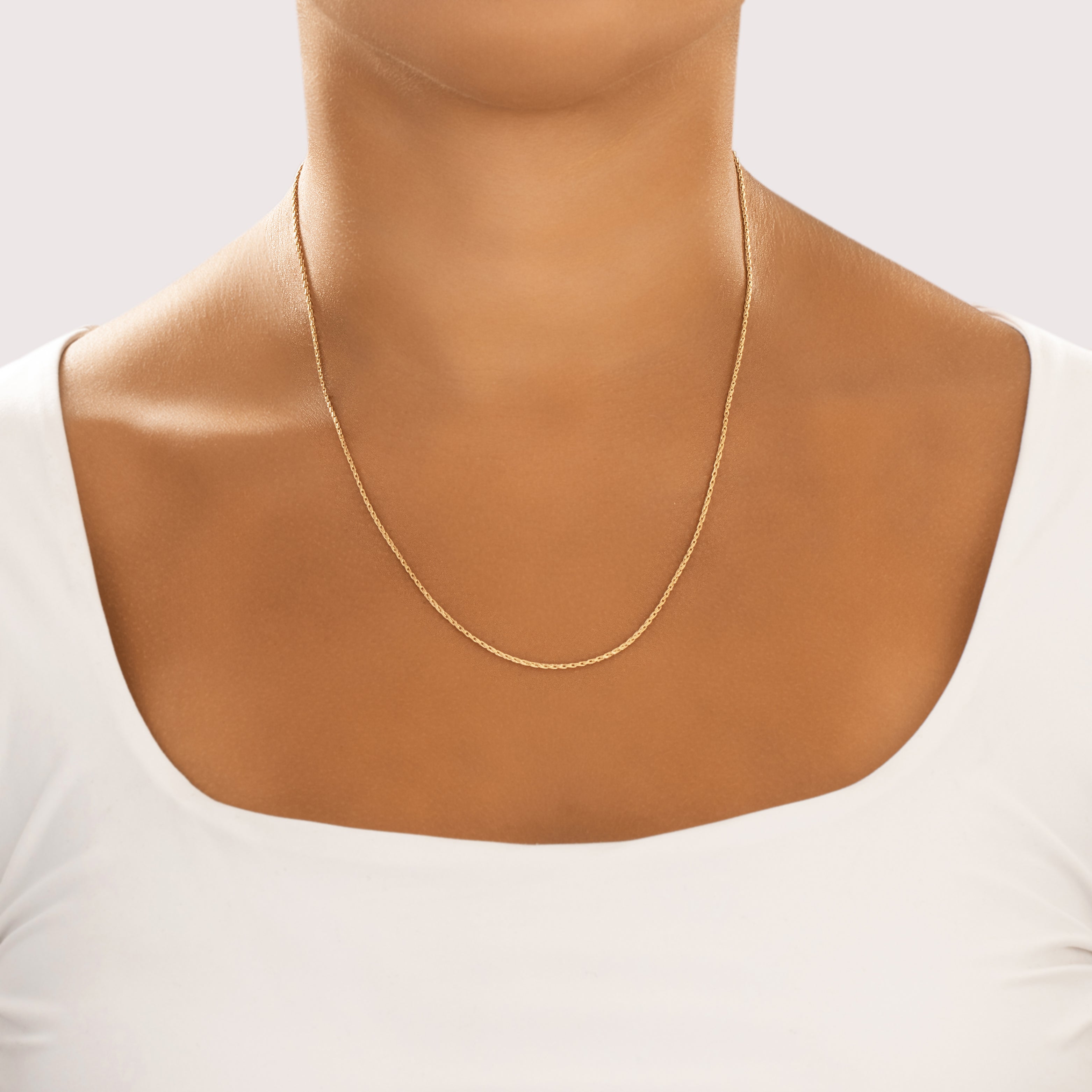 Vintage 14k Yellow Gold 1.3mm Elongated Wheat Chain - On model view