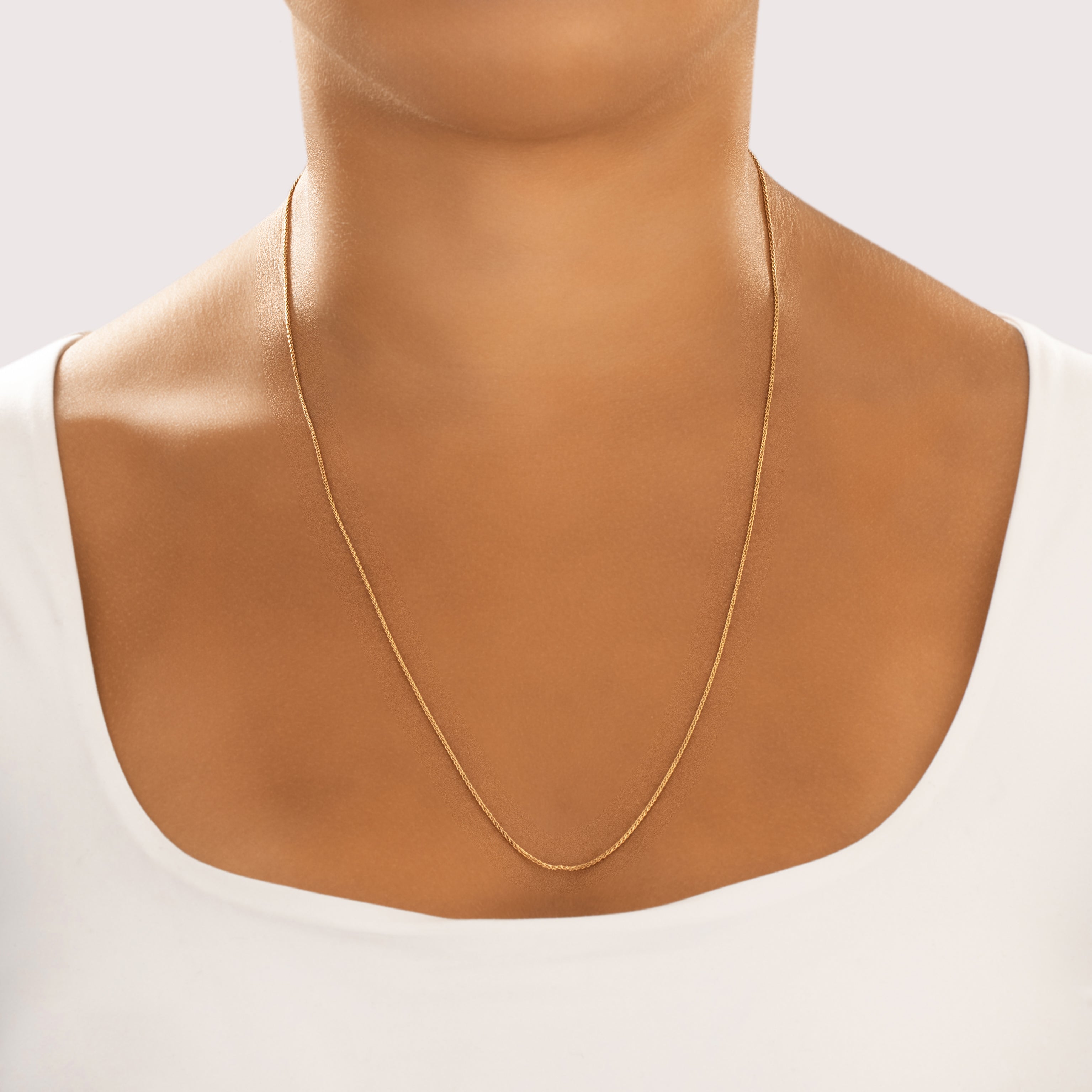 Vintage Italian 14k Yellow Gold 1mm Chic Classic Wheat Chain - On model view