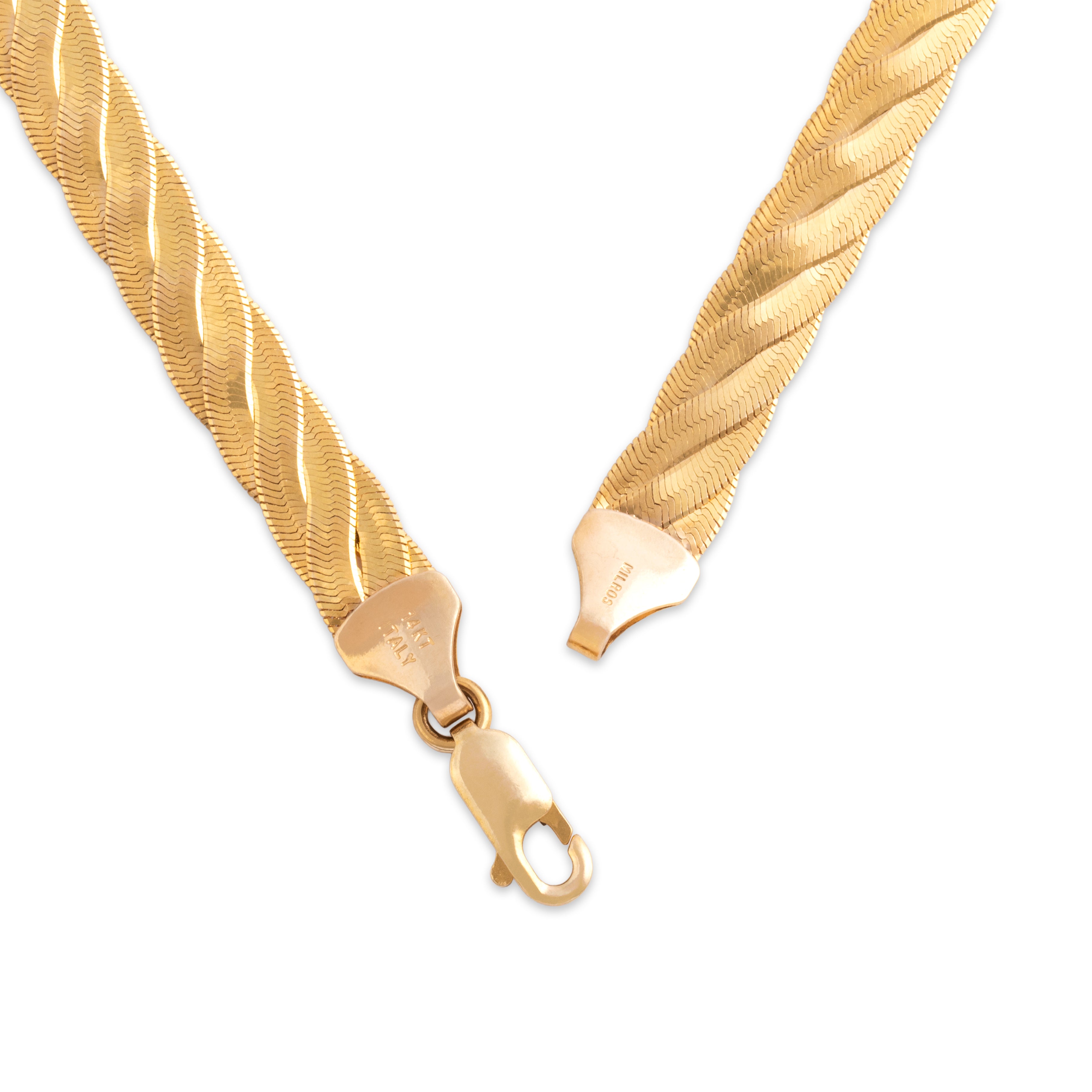 Vintage Italian 14k Yellow Gold Superb Dual-Textured Intwined Flat Chain Necklace - clasp view