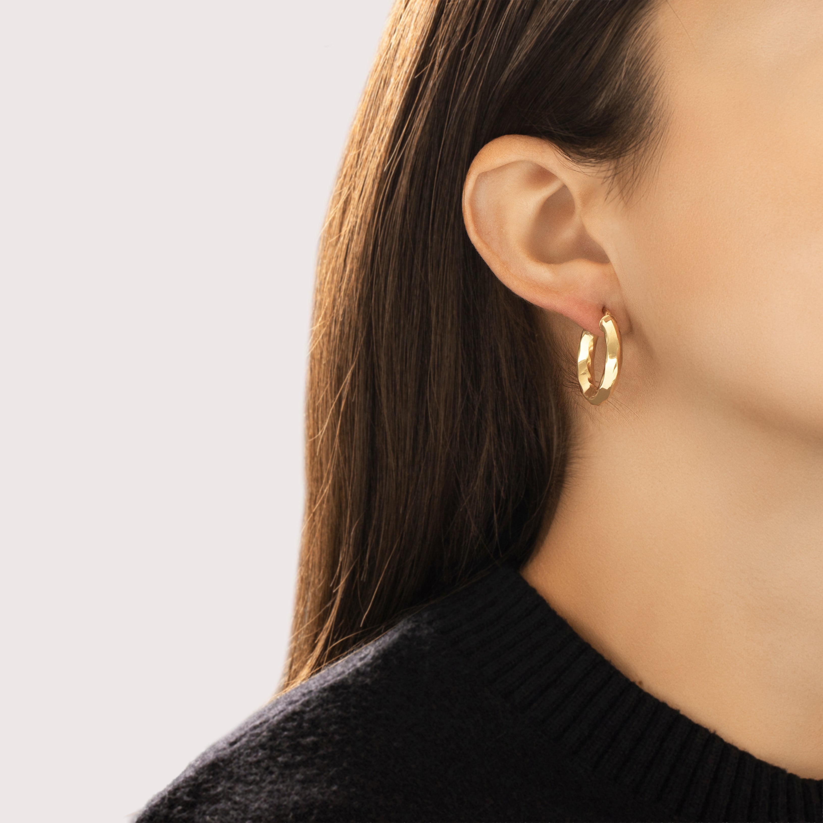 Vintage 18k Yellow Gold Gleaming Textured Hoop Earrings - On model view