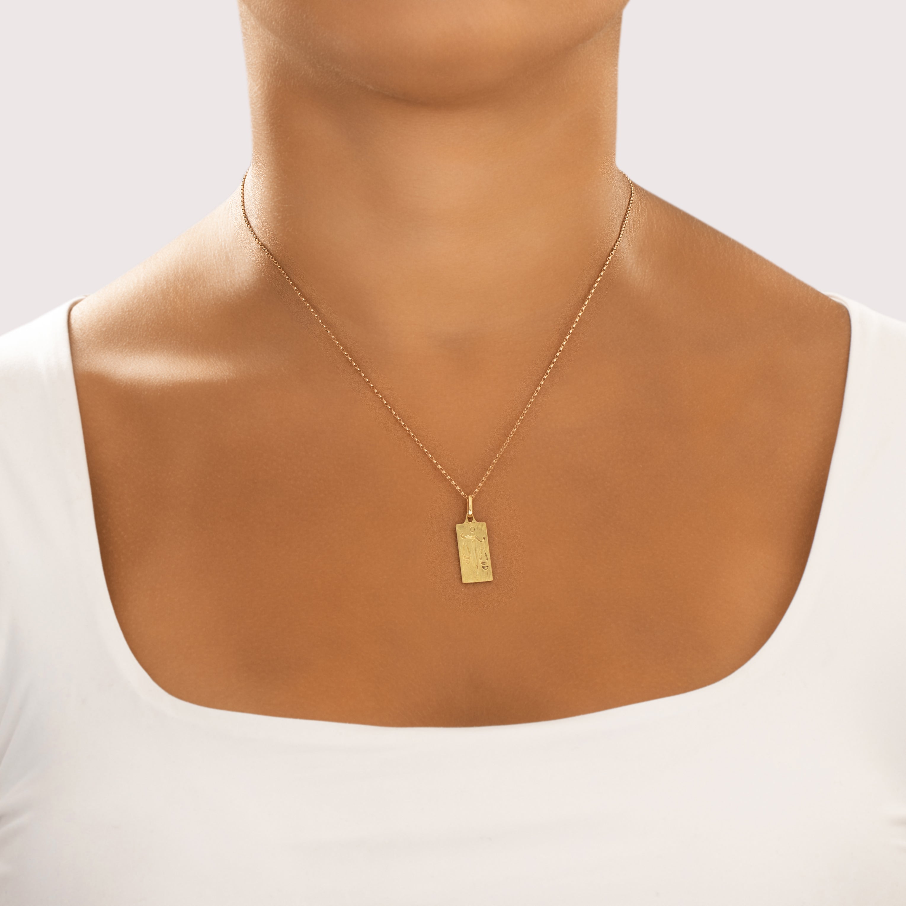 Vintage 18k Yellow Gold Textured Libra Zodiac Bar Charm / Pendant - On model view