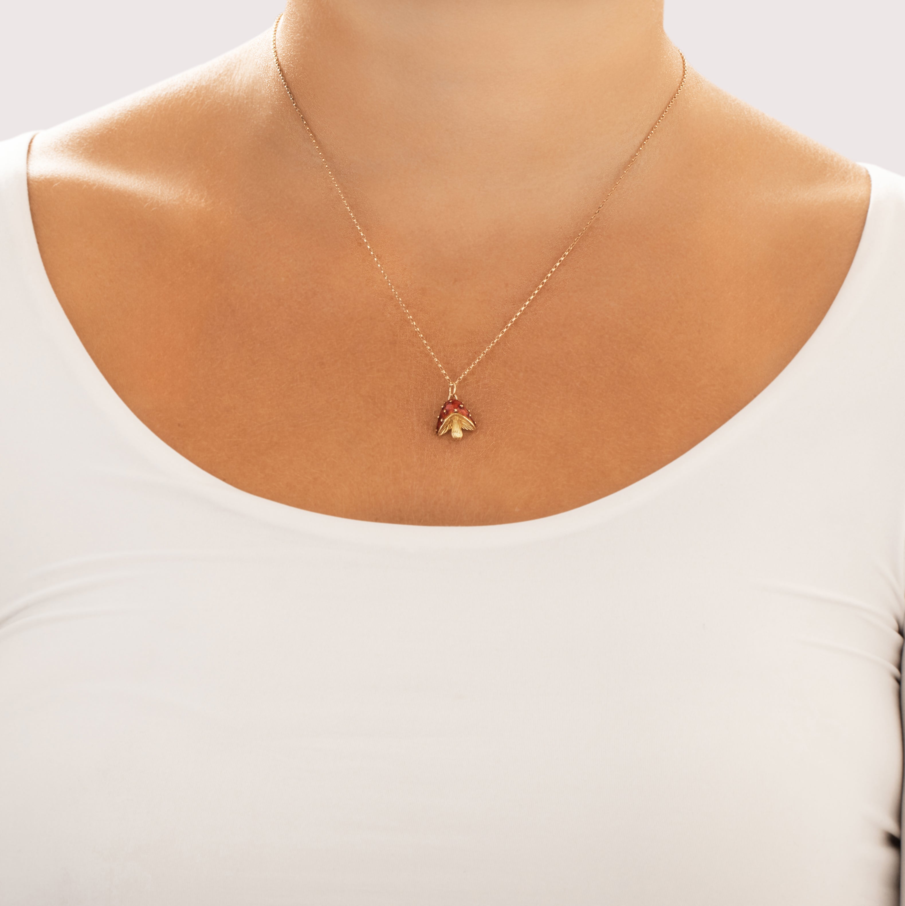 Vintage Small 14k Yellow Gold Whimsical Red Enamel Mushroom Charm / Pendant - On model view