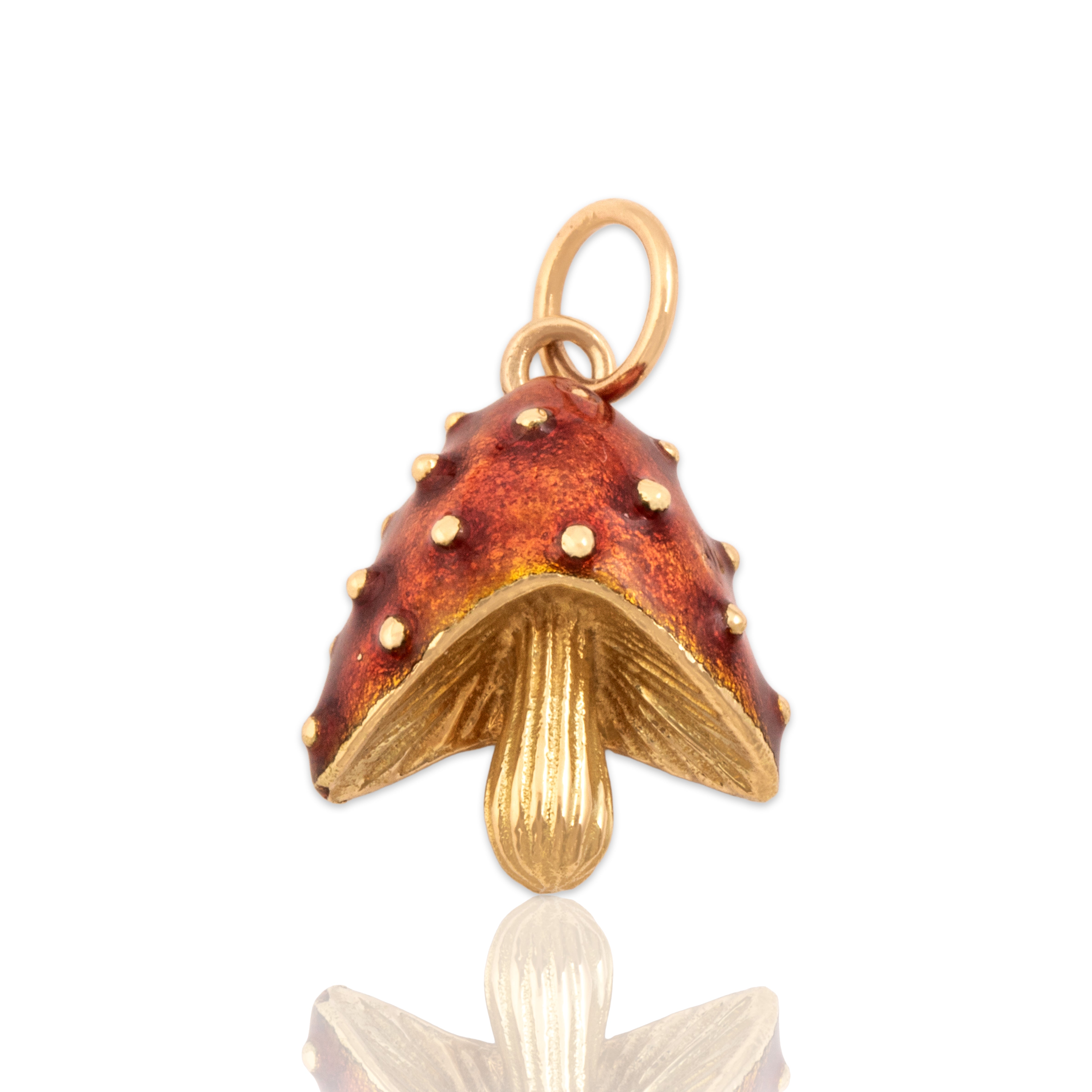Vintage Small 14k Yellow Gold Whimsical Red Enamel Mushroom Charm / Pendant - Close-up view