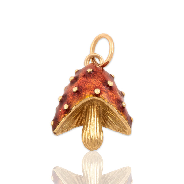 Vintage Small 14k Yellow Gold Whimsical Red Enamel Mushroom Charm / Pendant