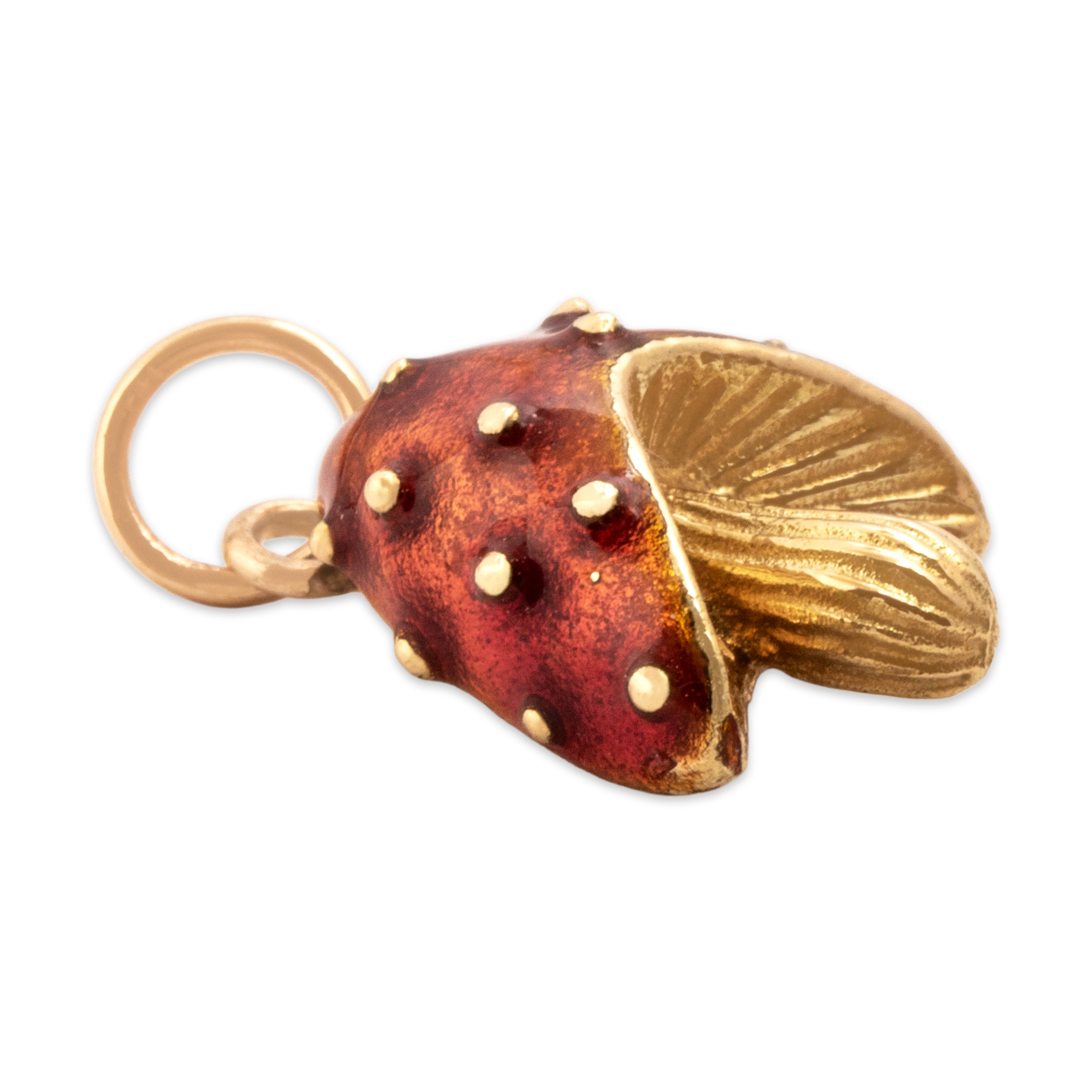Vintage Small 14k Yellow Gold Whimsical Red Enamel Mushroom Charm / Pendant - Side view