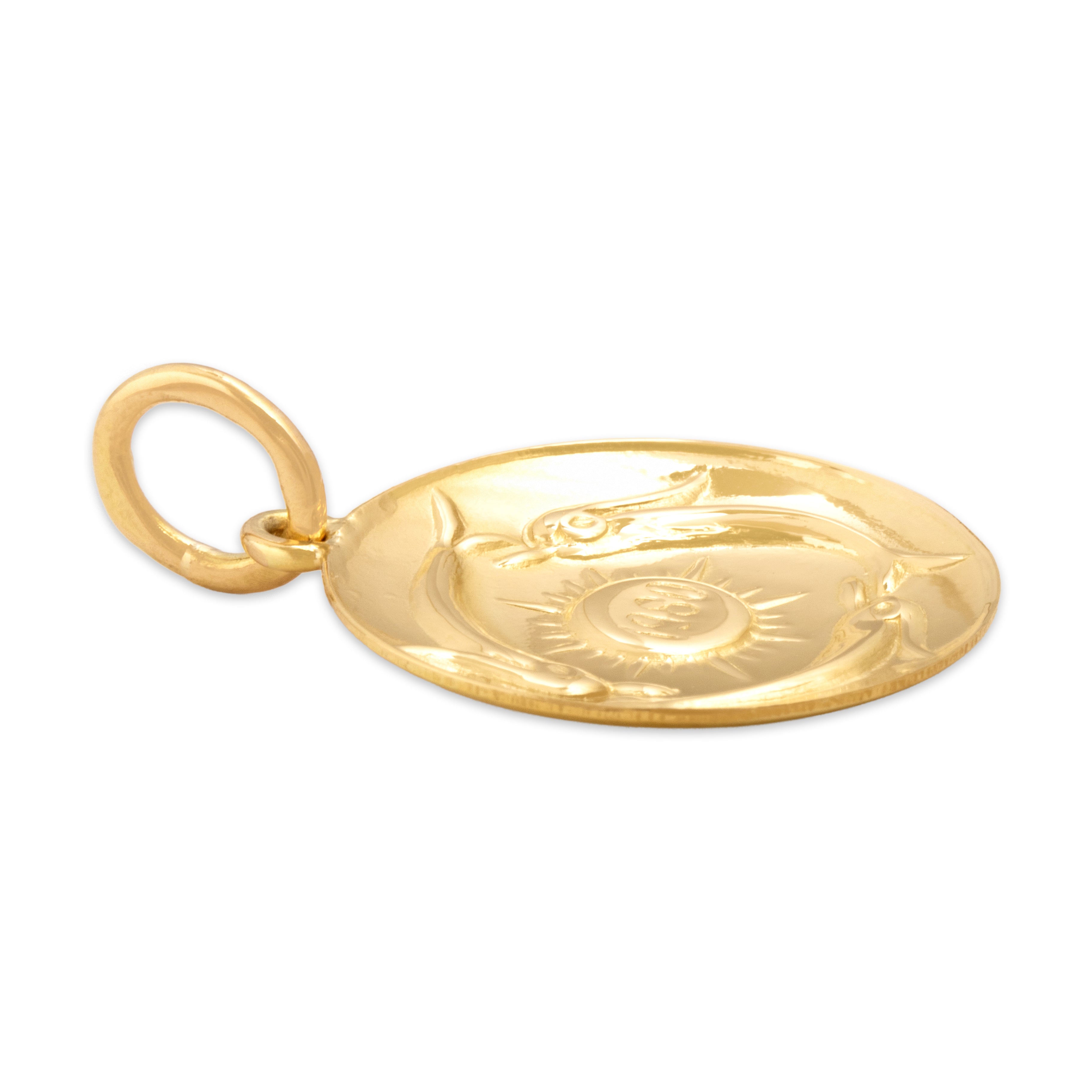 Vintage 18k Yellow Gold Gleaming Swimming Fish Sun Disc Charm / Pendant - Side view