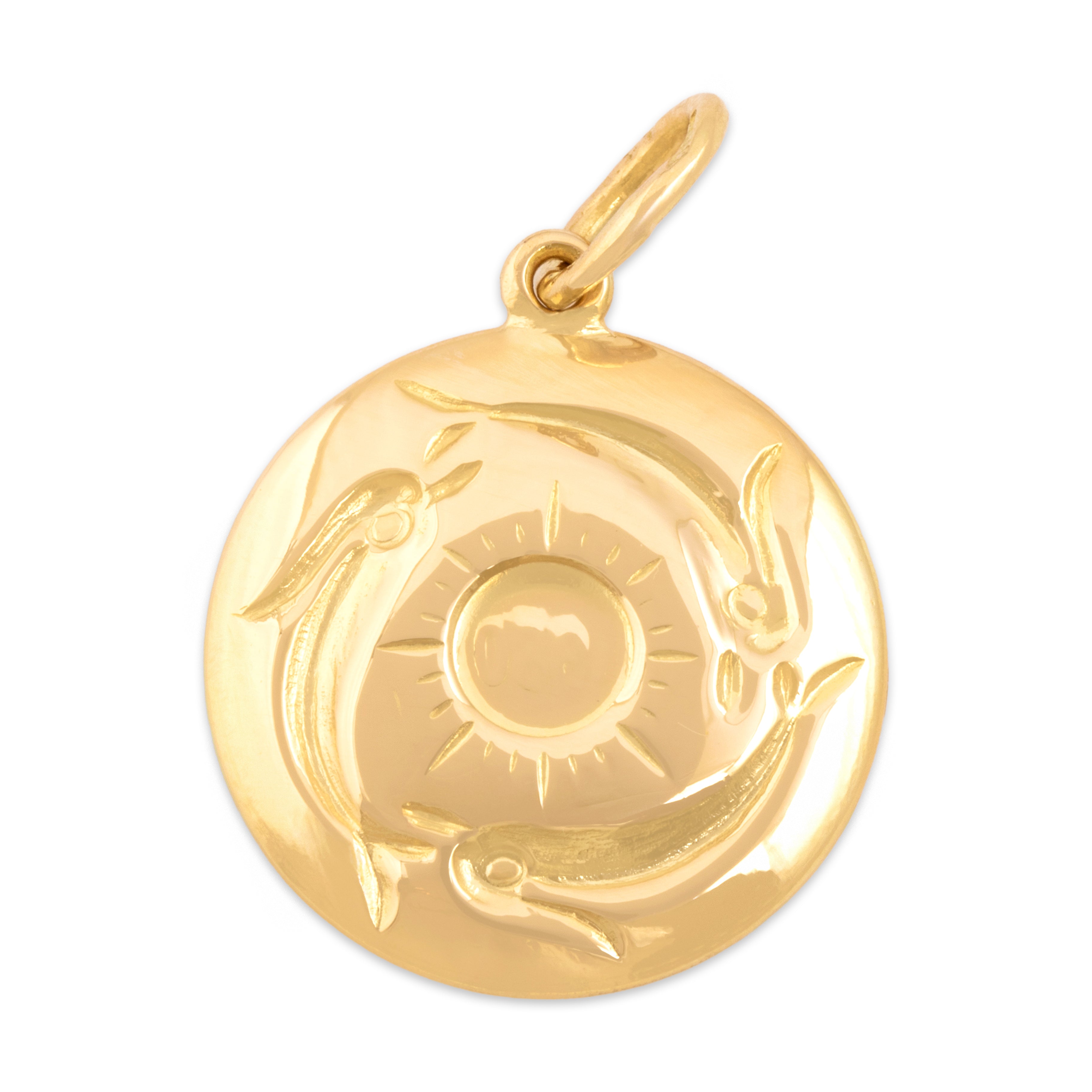 Vintage 18k Yellow Gold Gleaming Swimming Fish Sun Disc Charm / Pendant - Overall view