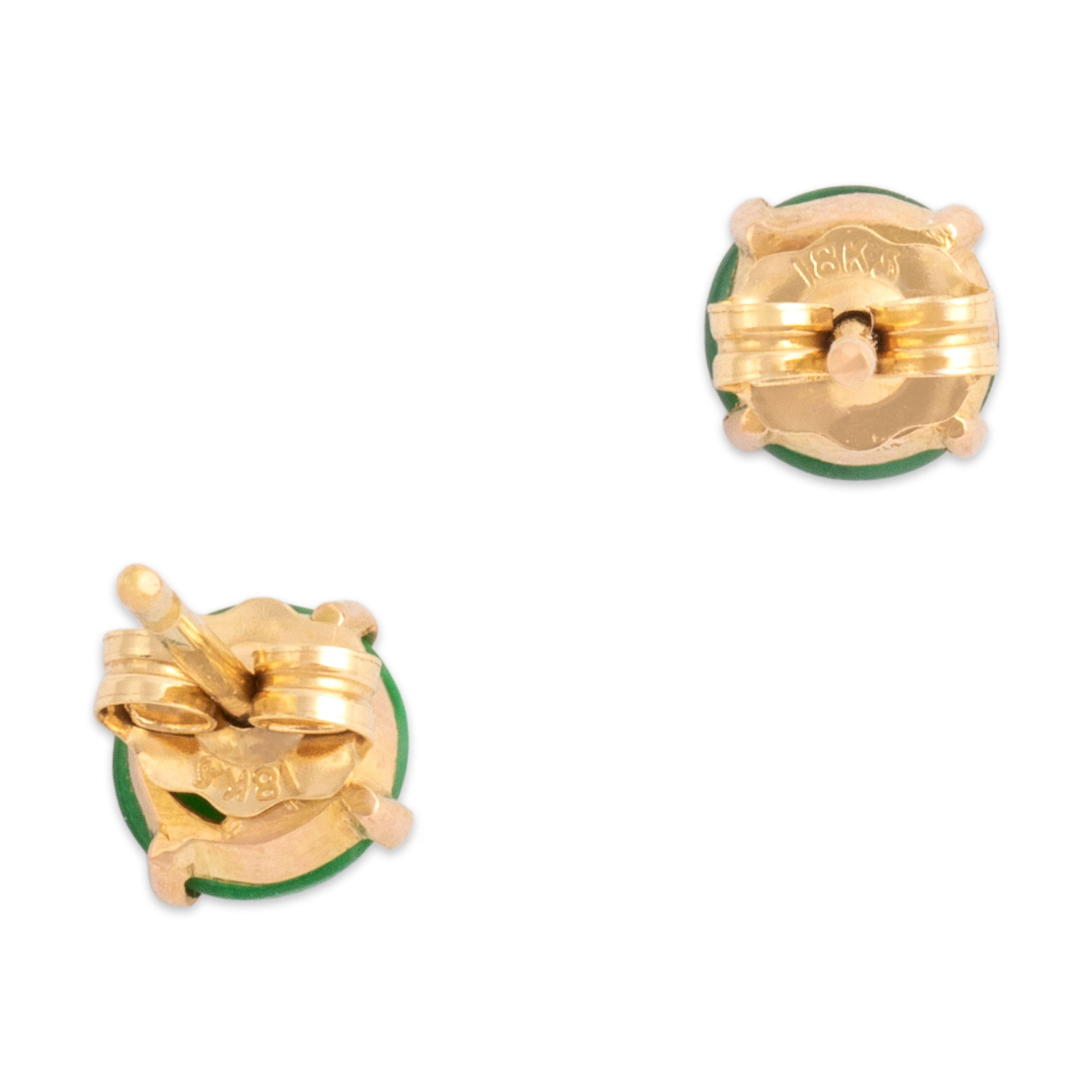 Vintage 18k Yellow Gold .59cttw Jade Vibrant Round Cabochon Stud Earrings - Back view