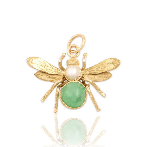 Vintage 10k Yellow Gold .9ct Jade Pearl Friendly Flying Bug Charm / Pendant