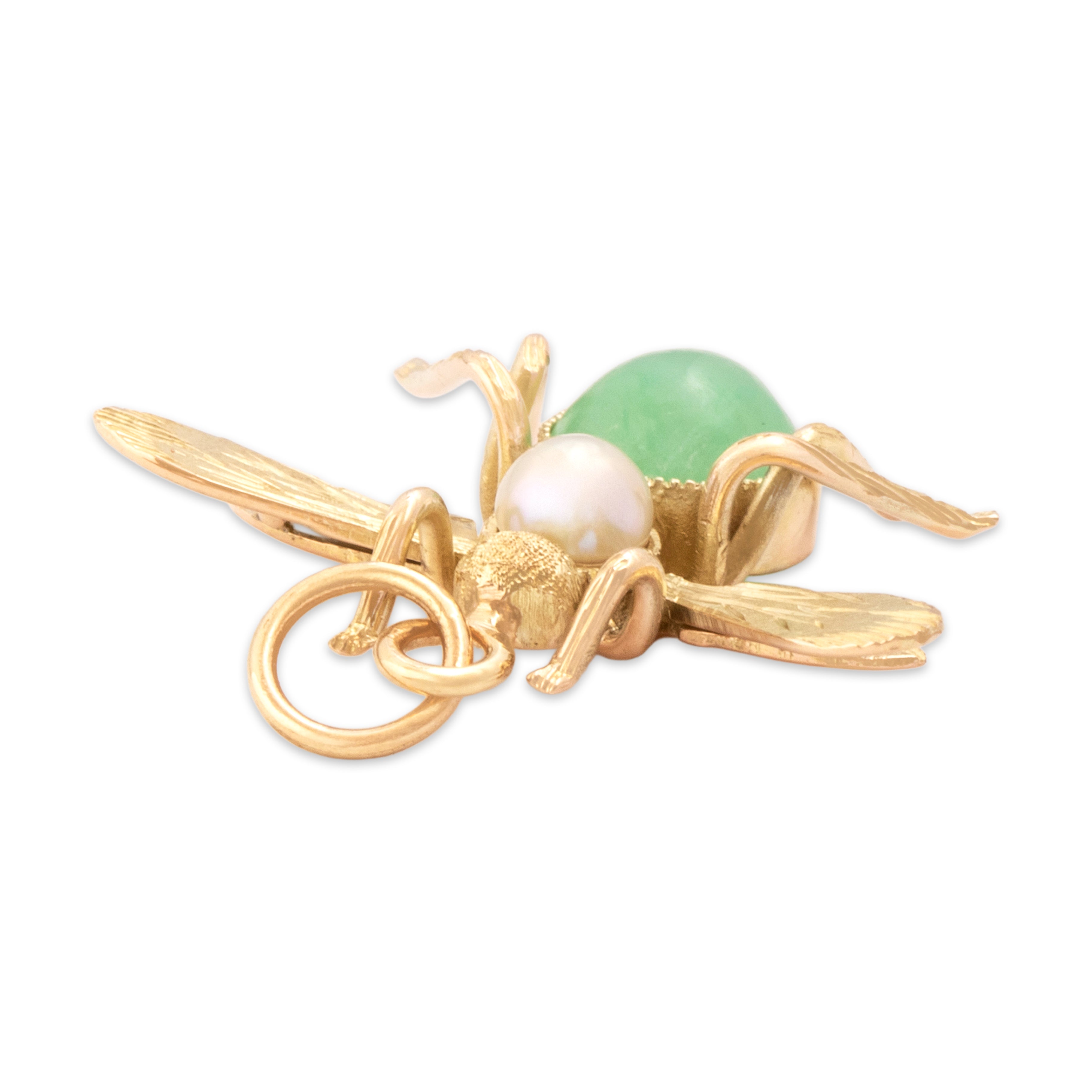 Vintage 10k Yellow Gold .9ct Jade Pearl Friendly Flying Bug Charm / Pendant