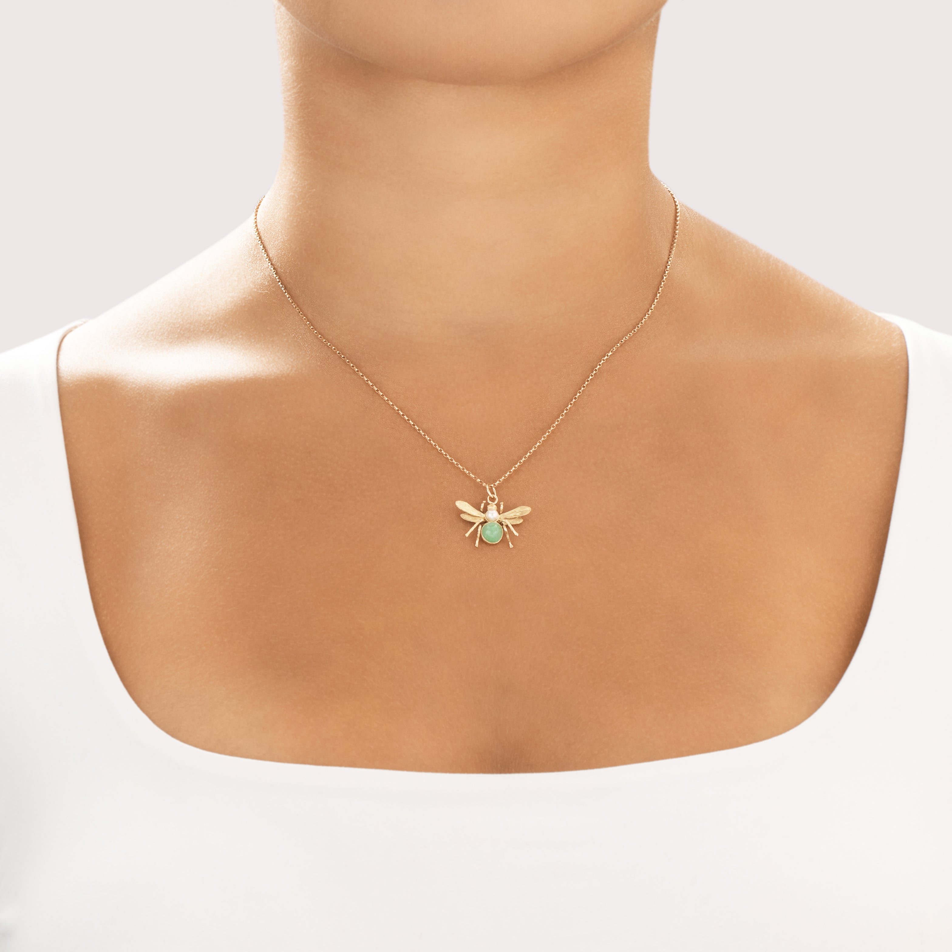 Vintage 10k Yellow Gold .9ct Jade Pearl Friendly Flying Bug Charm / Pendant - On model view