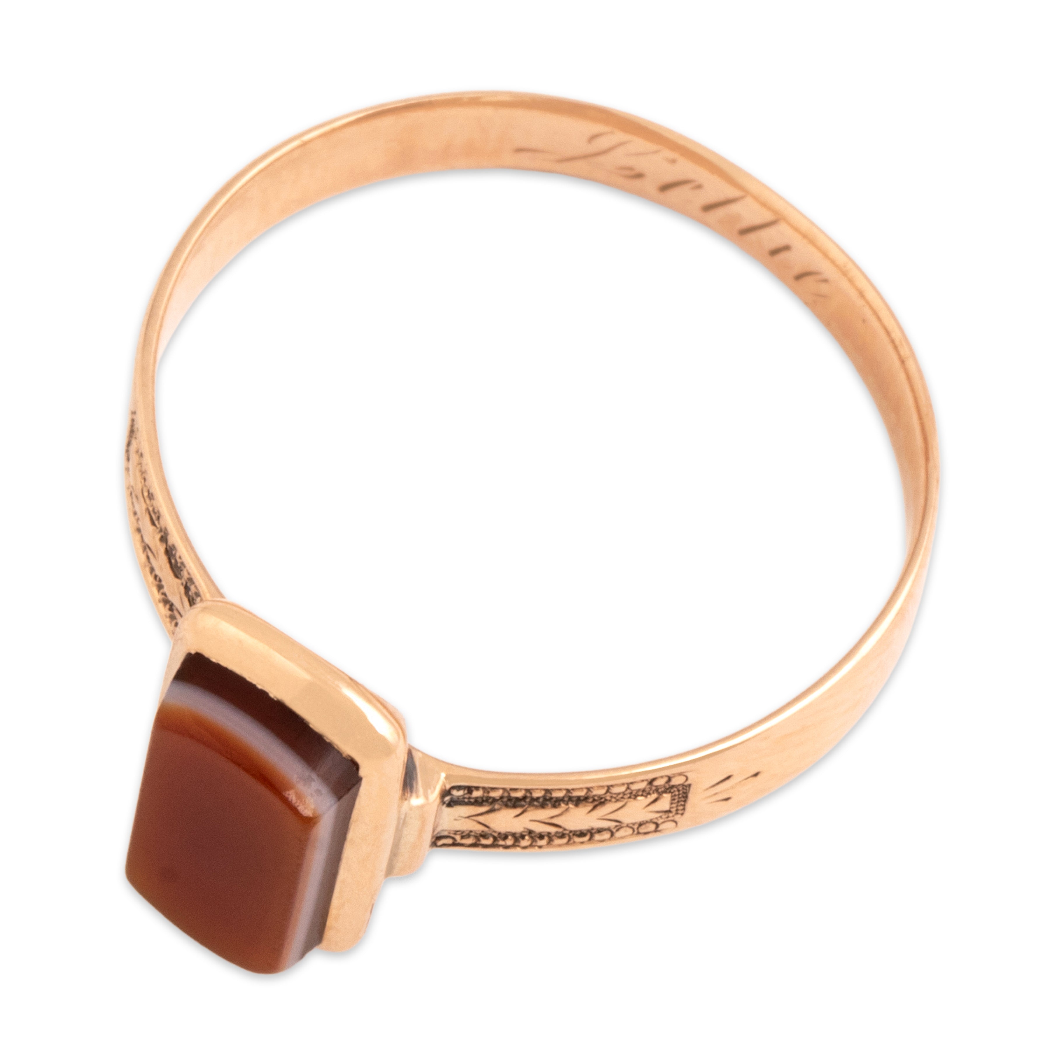 Antique Victorian 9k Rosy Yellow Gold .54ct Orange Banded Agate Delicate Classic Decorated Rectangular Ring - Overall view