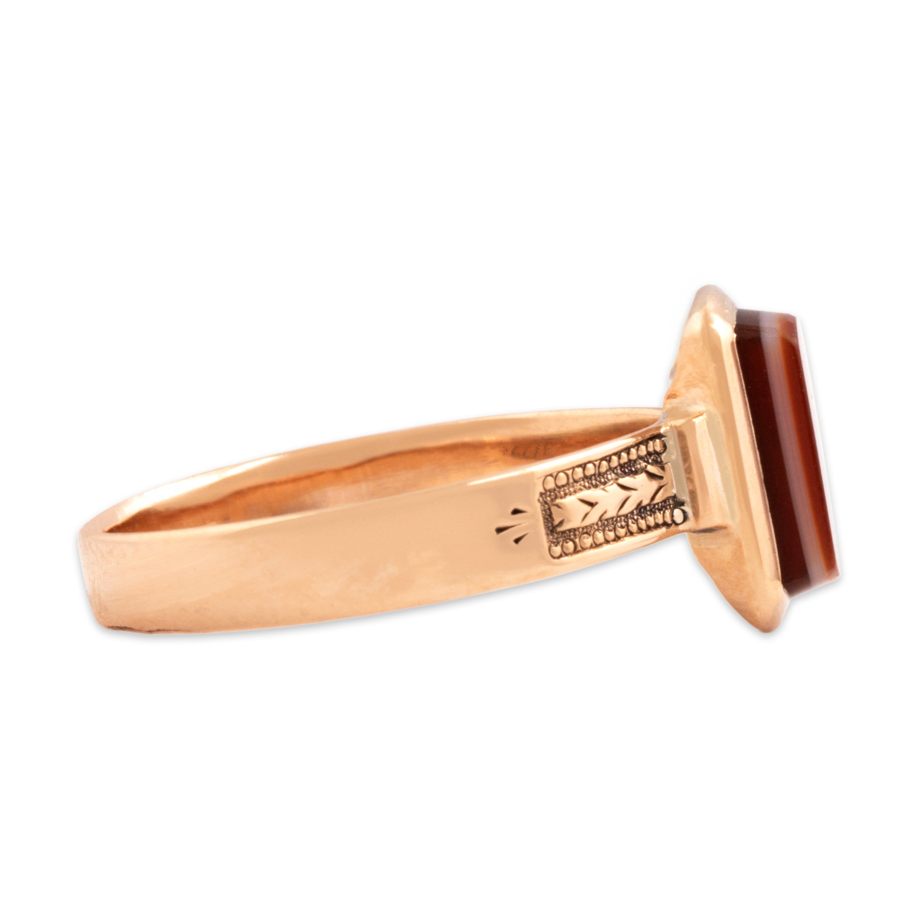 Antique Victorian 9k Rosy Yellow Gold .54ct Orange Banded Agate Delicate Classic Decorated Rectangular Ring - Side view