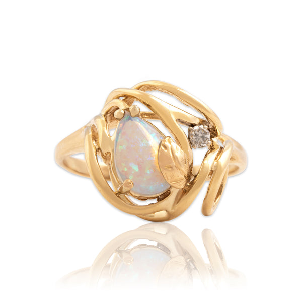 Vintage 14k Yellow Gold .53ct Opal Diamond Flowing Botanical Basket Ring - Close-up view