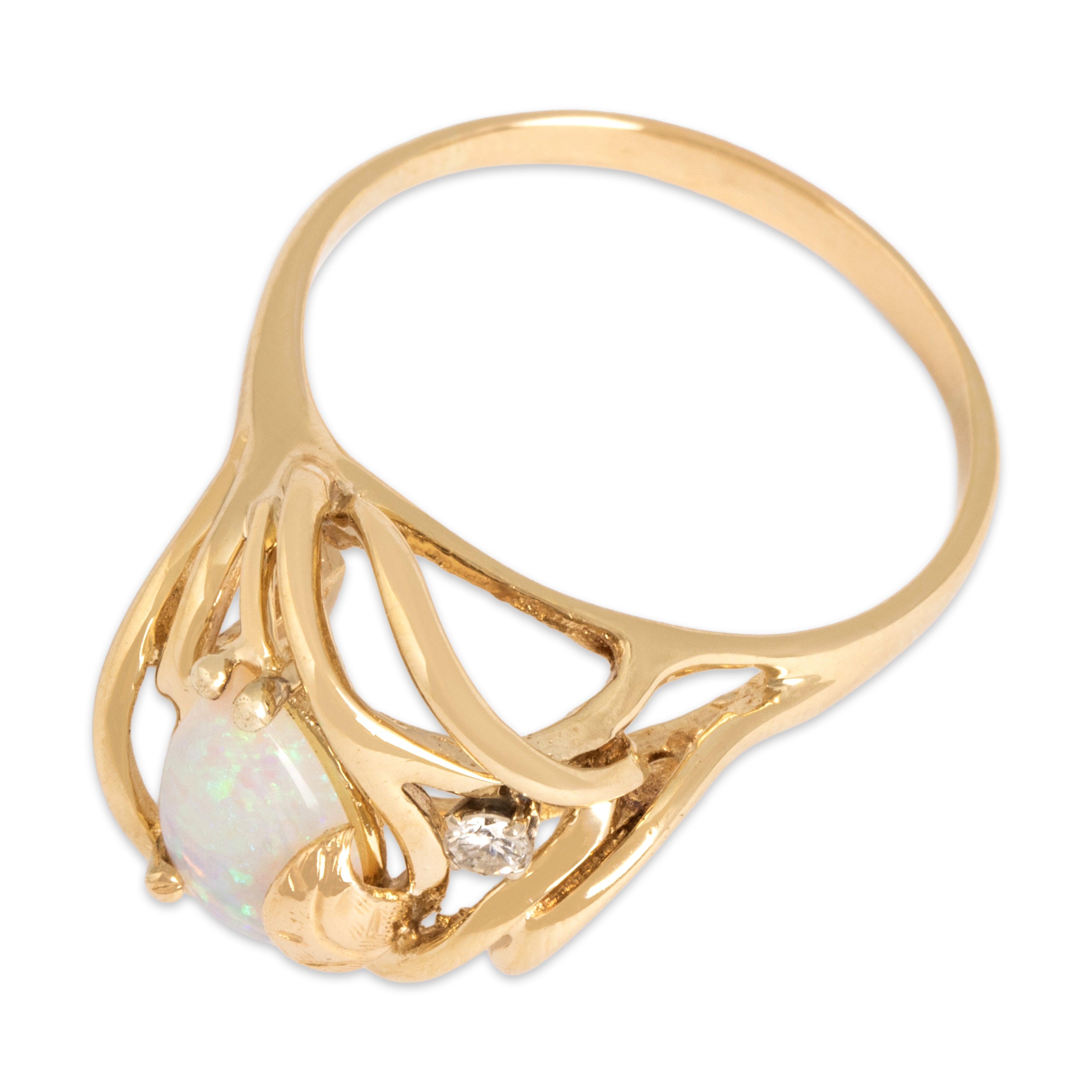 Vintage 14k Yellow Gold .53ct Opal Diamond Flowing Botanical Basket Ring - Overall view