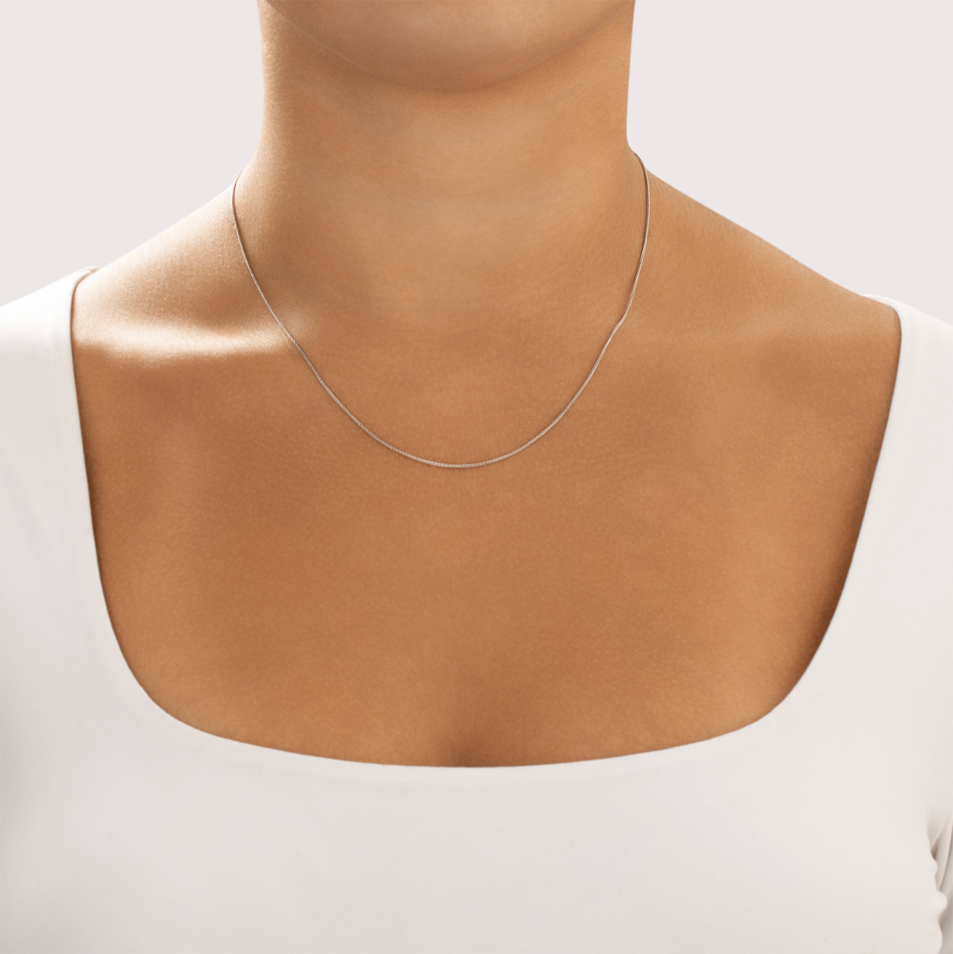 Vintage Italian 14k White Gold .8mm Dainty Wheat Chain - On model view