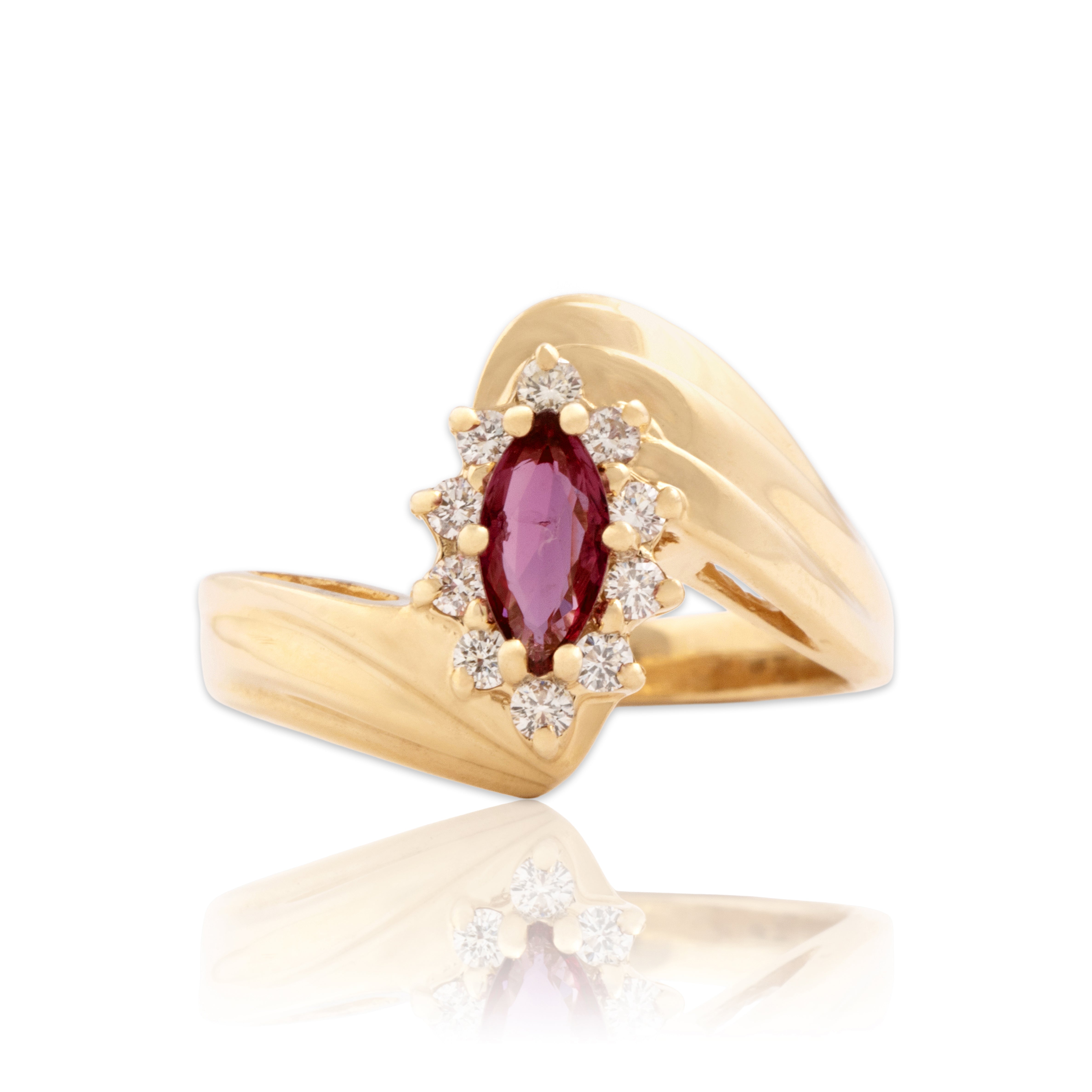 Vintage 14k Yellow Gold Ruby Diamond Ribbed Navette Bypass Ring 5.00