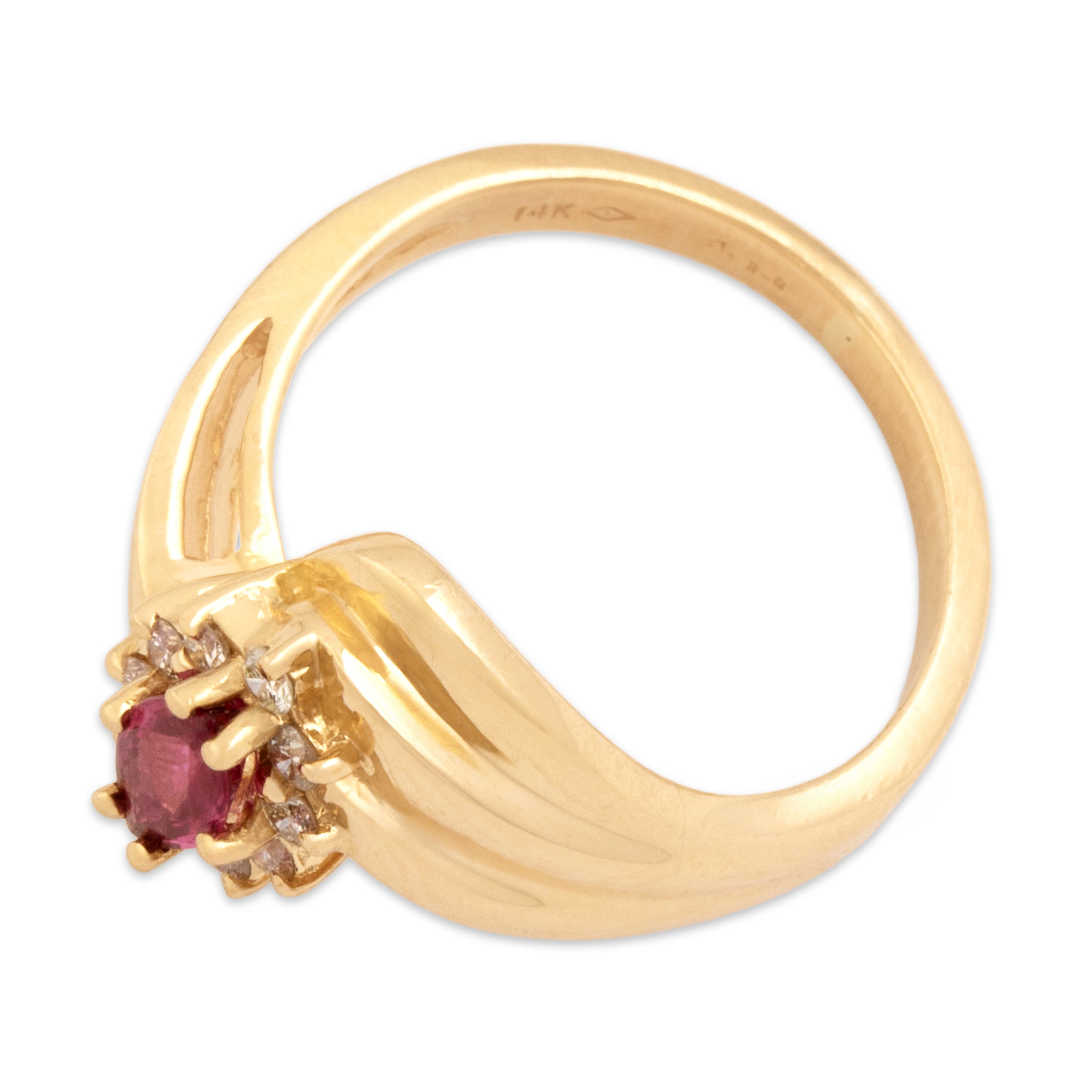 Vintage 14k Yellow Gold Ruby Diamond Ribbed Navette Bypass Ring - Overall view