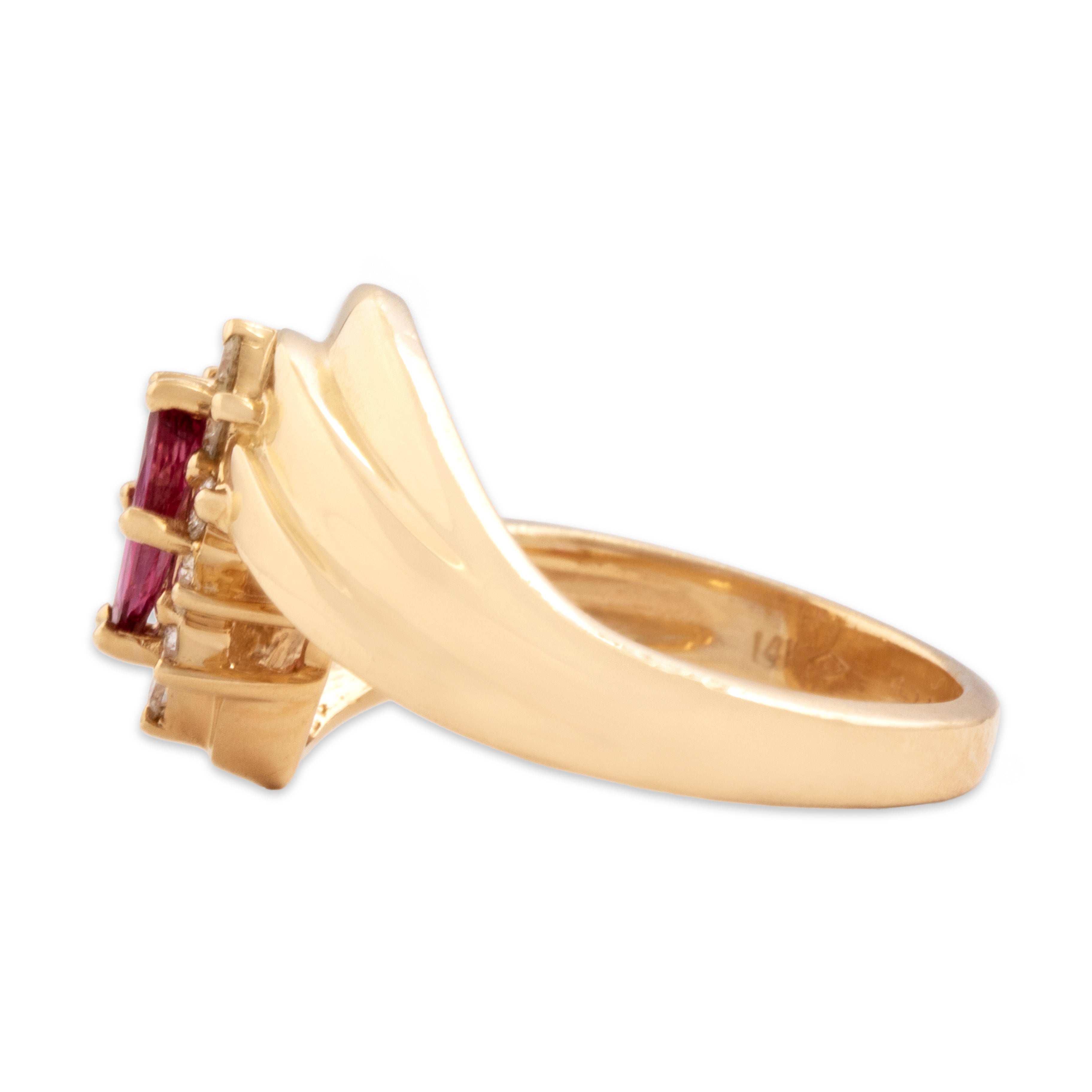 Vintage 14k Yellow Gold Ruby Diamond Ribbed Navette Bypass Ring - Side view