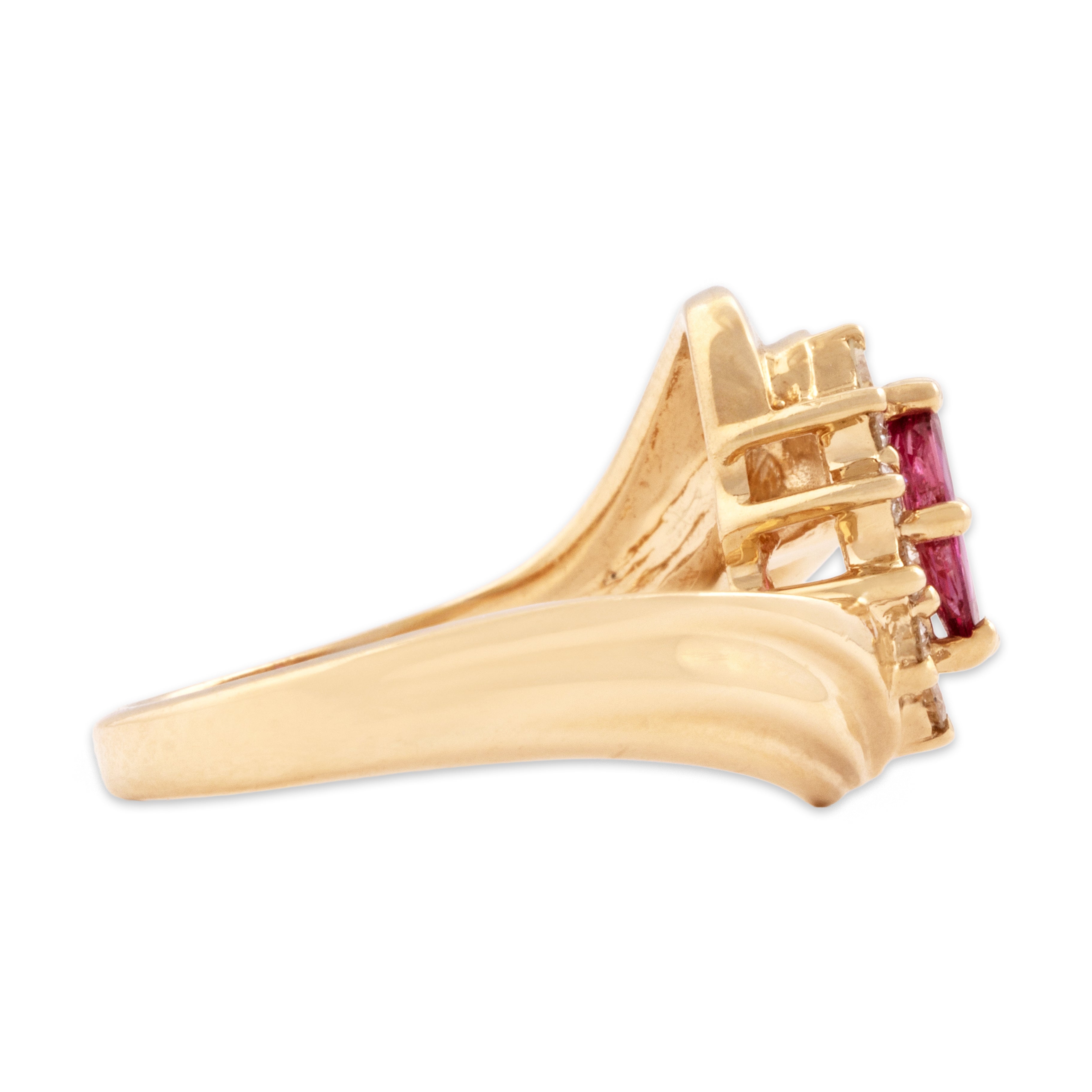 Vintage 14k Yellow Gold Ruby Diamond Ribbed Navette Bypass Ring - Side view