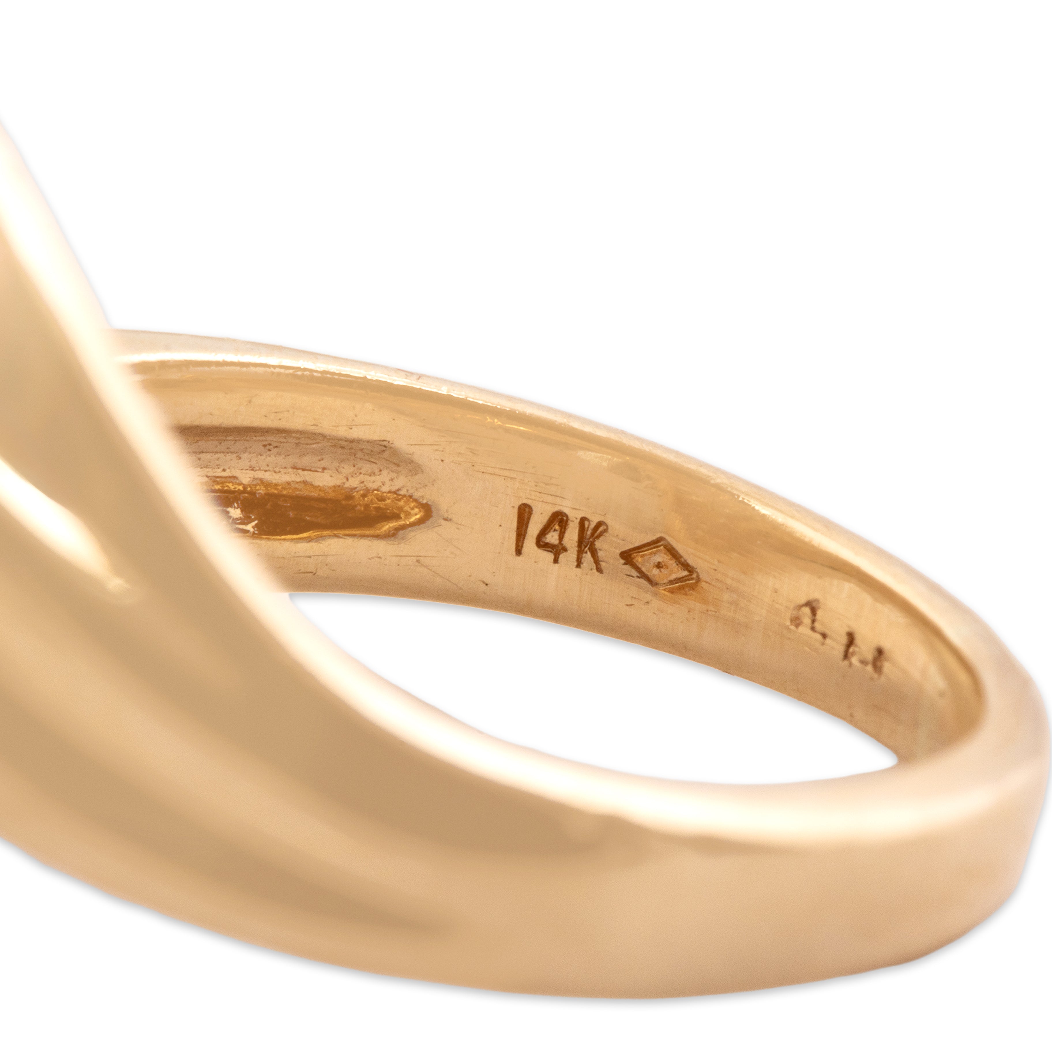 Vintage 14k Yellow Gold Ruby Diamond Ribbed Navette Bypass Ring - Hallmark view
