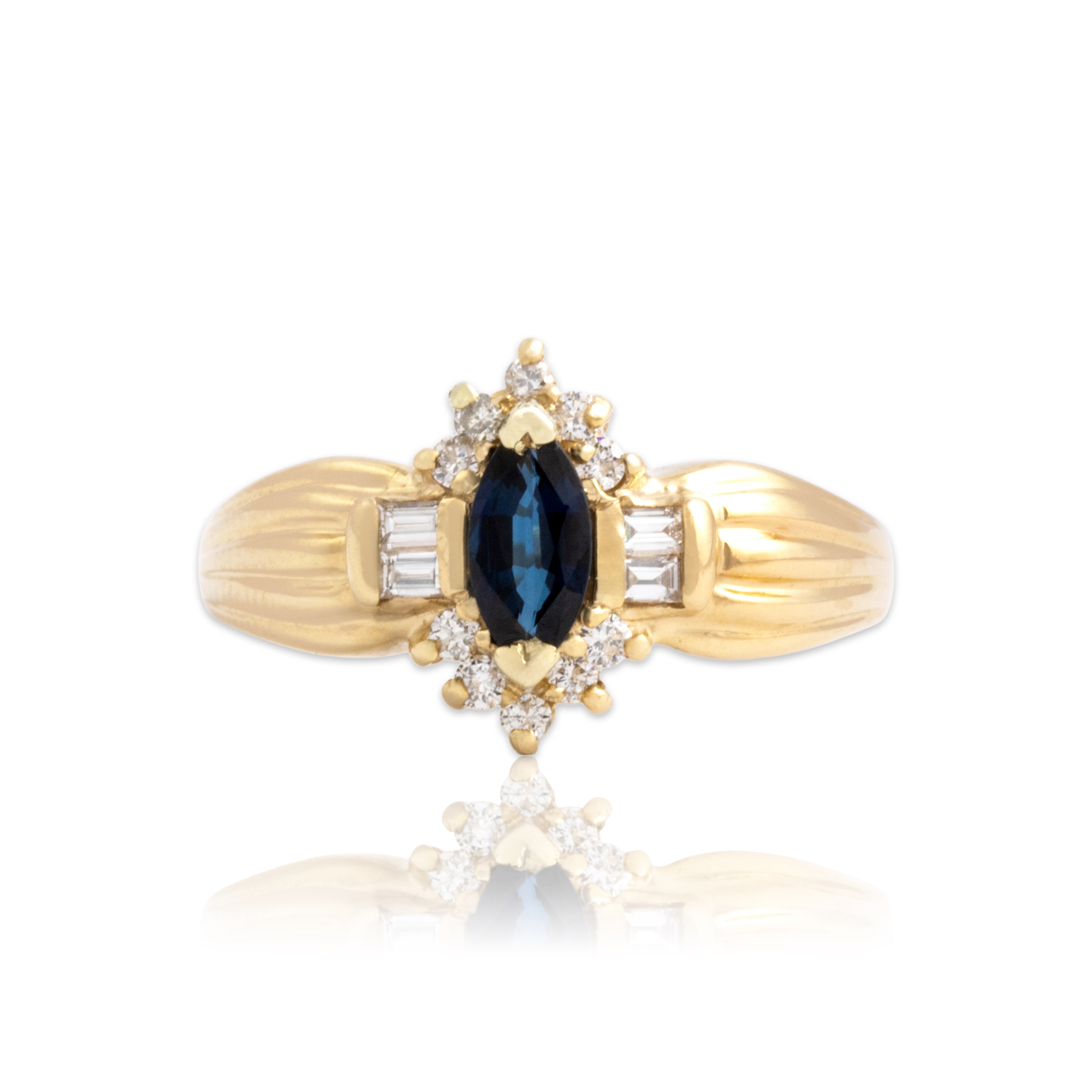 Vintage 14k Yellow Gold Blue Sapphire Diamond Ribbed Shoulder Marquise Ring 7.75