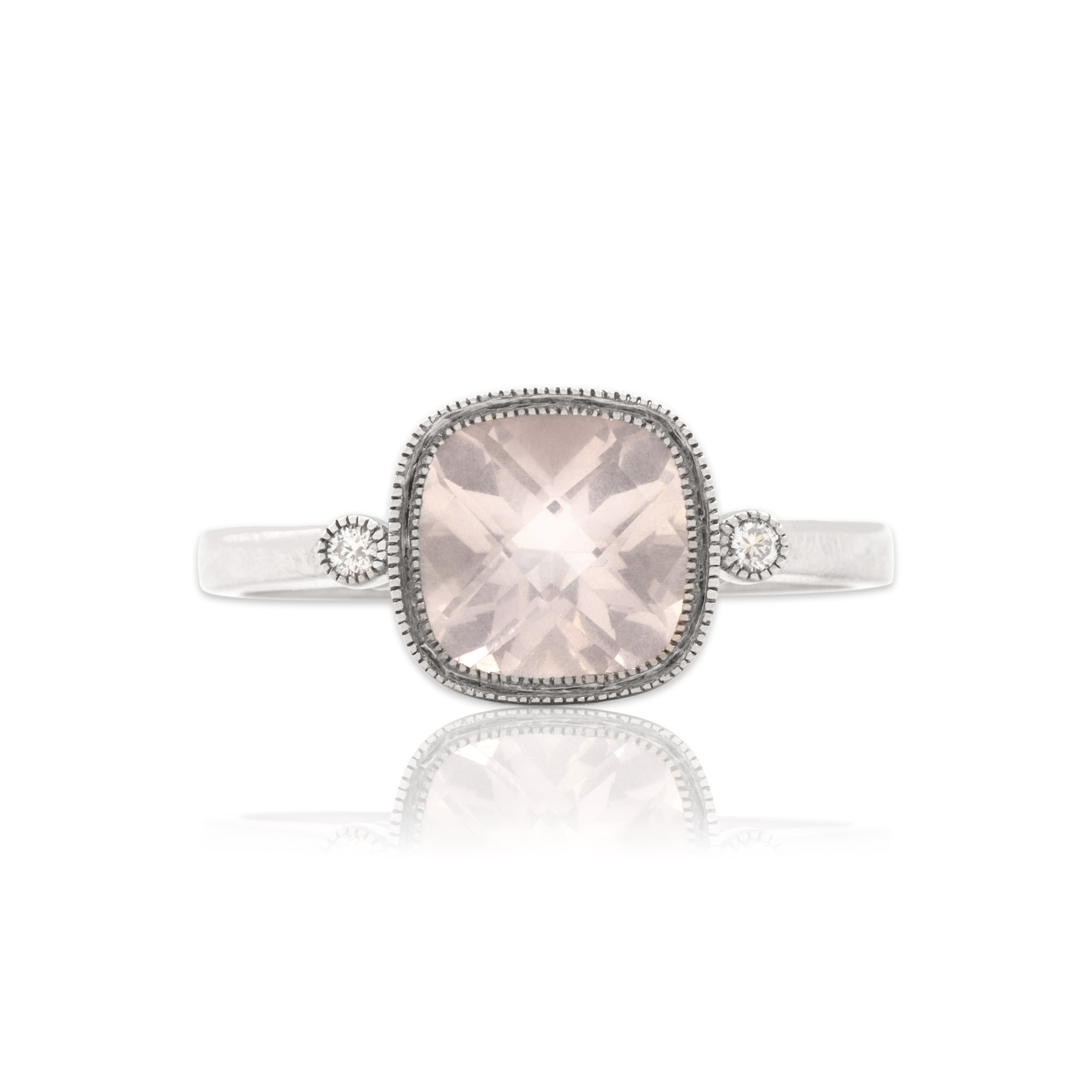 Vintage 14k White Gold 2.07ct Rose Quartz Diamond Checkerboard Cushion Ring 8.50