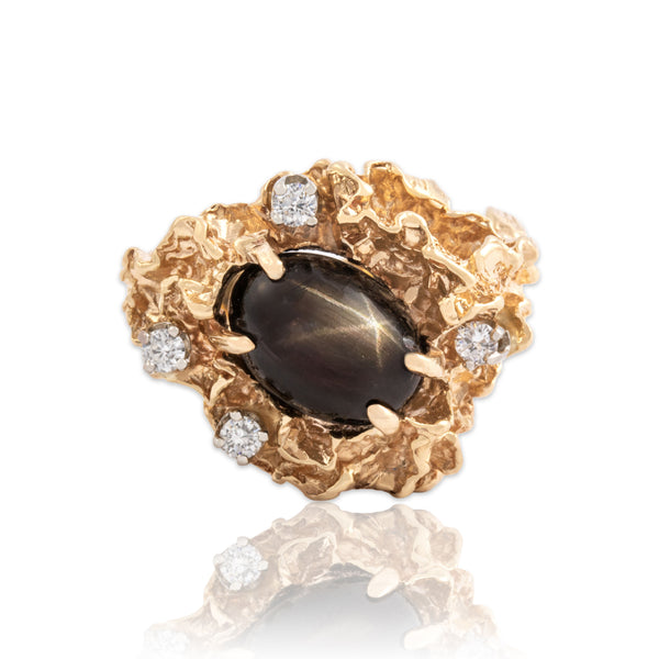 Vintage Heavy 14k Yellow Gold 6.76ct Brown Star Sapphire Diamond Ring 6.75