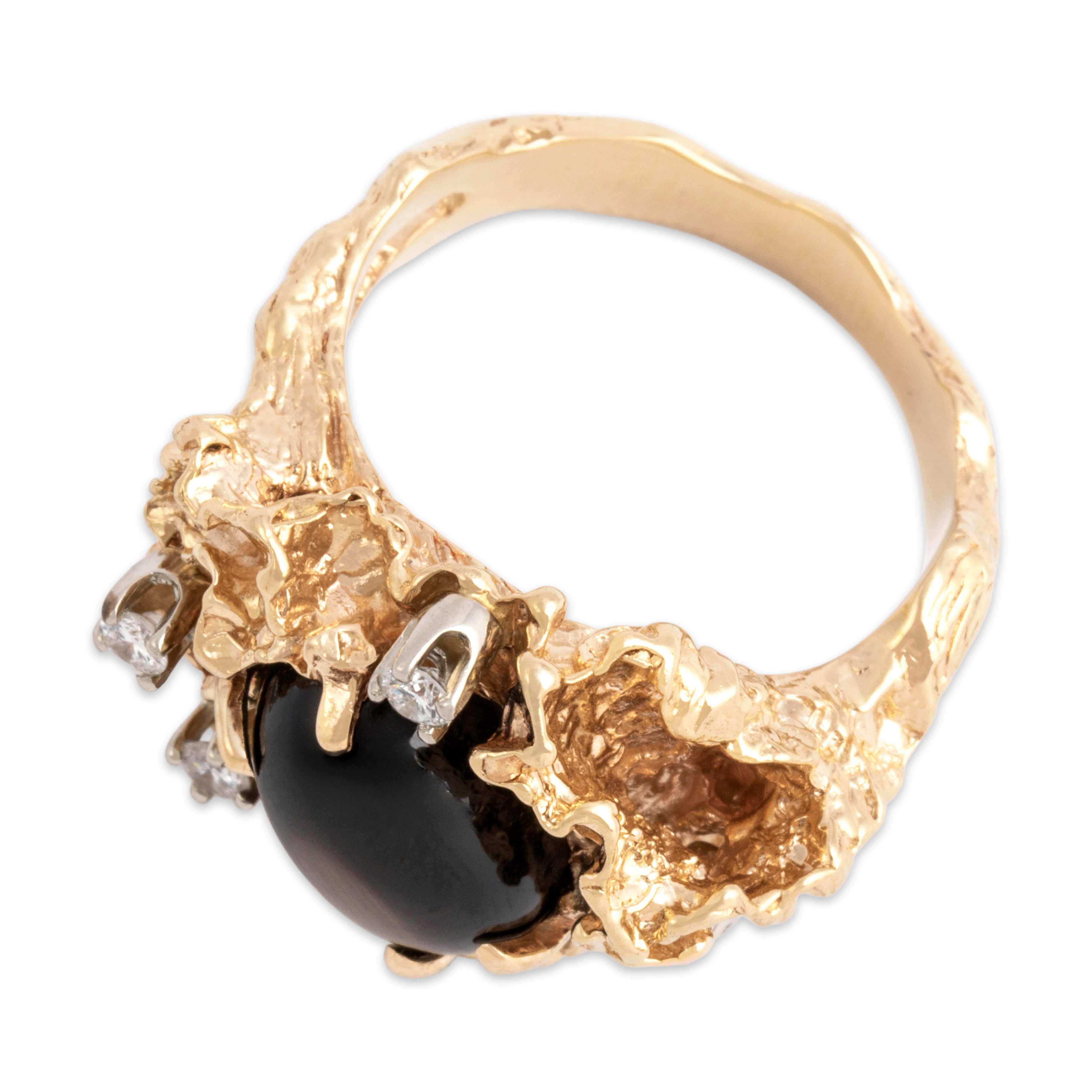 Vintage Heavy 14k Yellow Gold 6.76ct Brown Star Sapphire Diamond Brutalist Nugget Statement Ring - Overall view