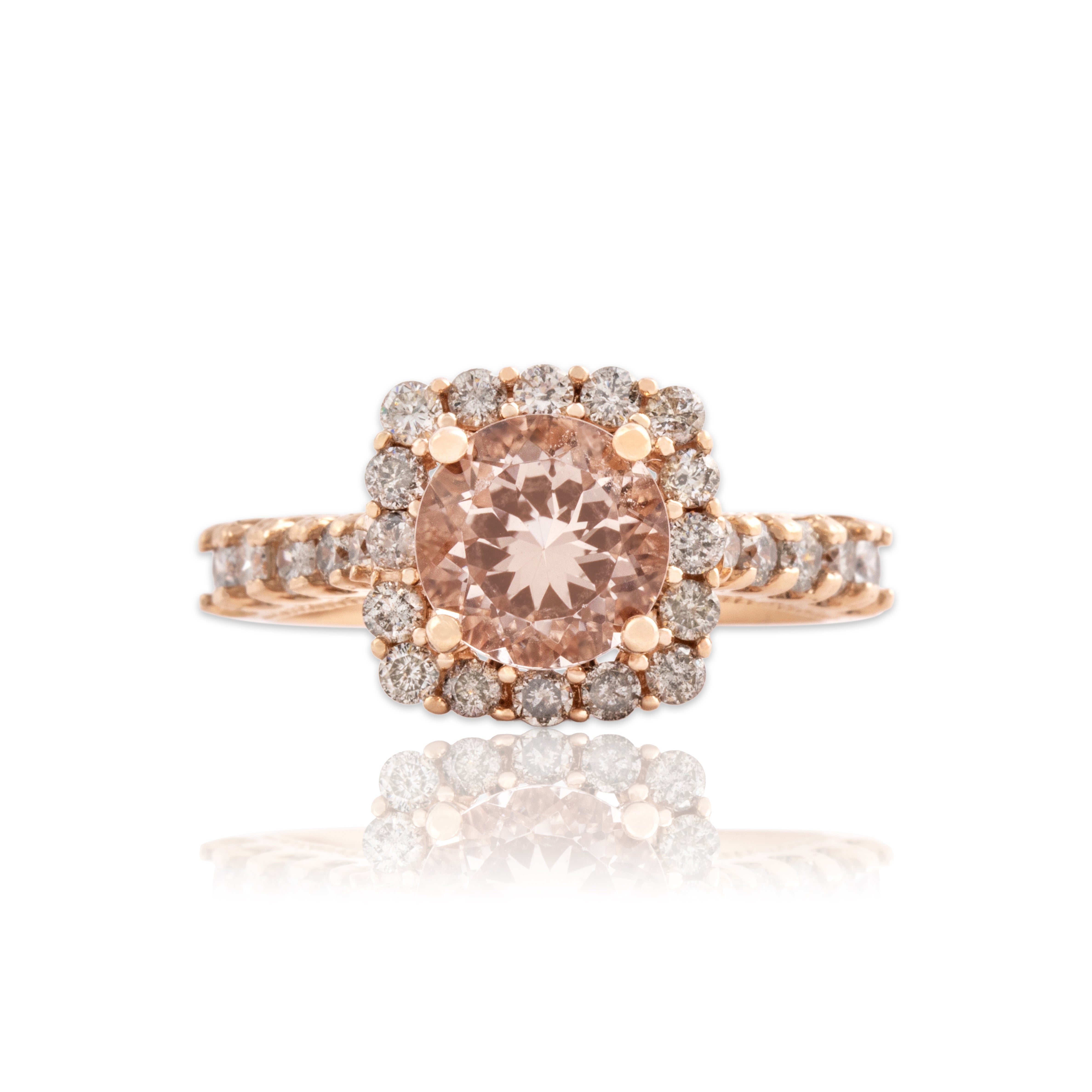 Estate 14k Rose Gold 2.03ct Morganite .74cttw Diamond Glittering Milgrain Square Halo Ring - Close-up view