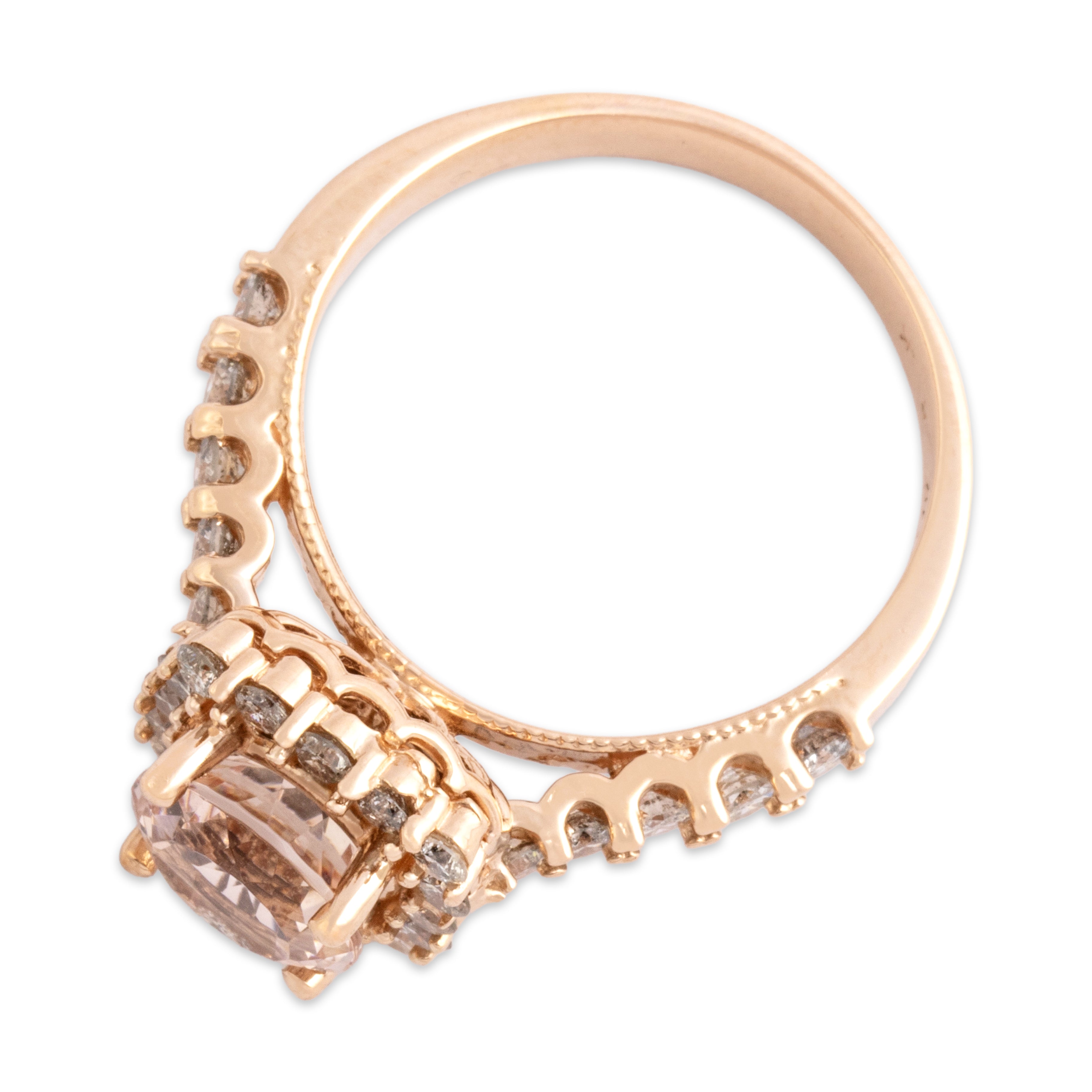 Estate 14k Rose Gold 2.03ct Morganite .74cttw Diamond Glittering Milgrain Square Halo Ring - Overall view