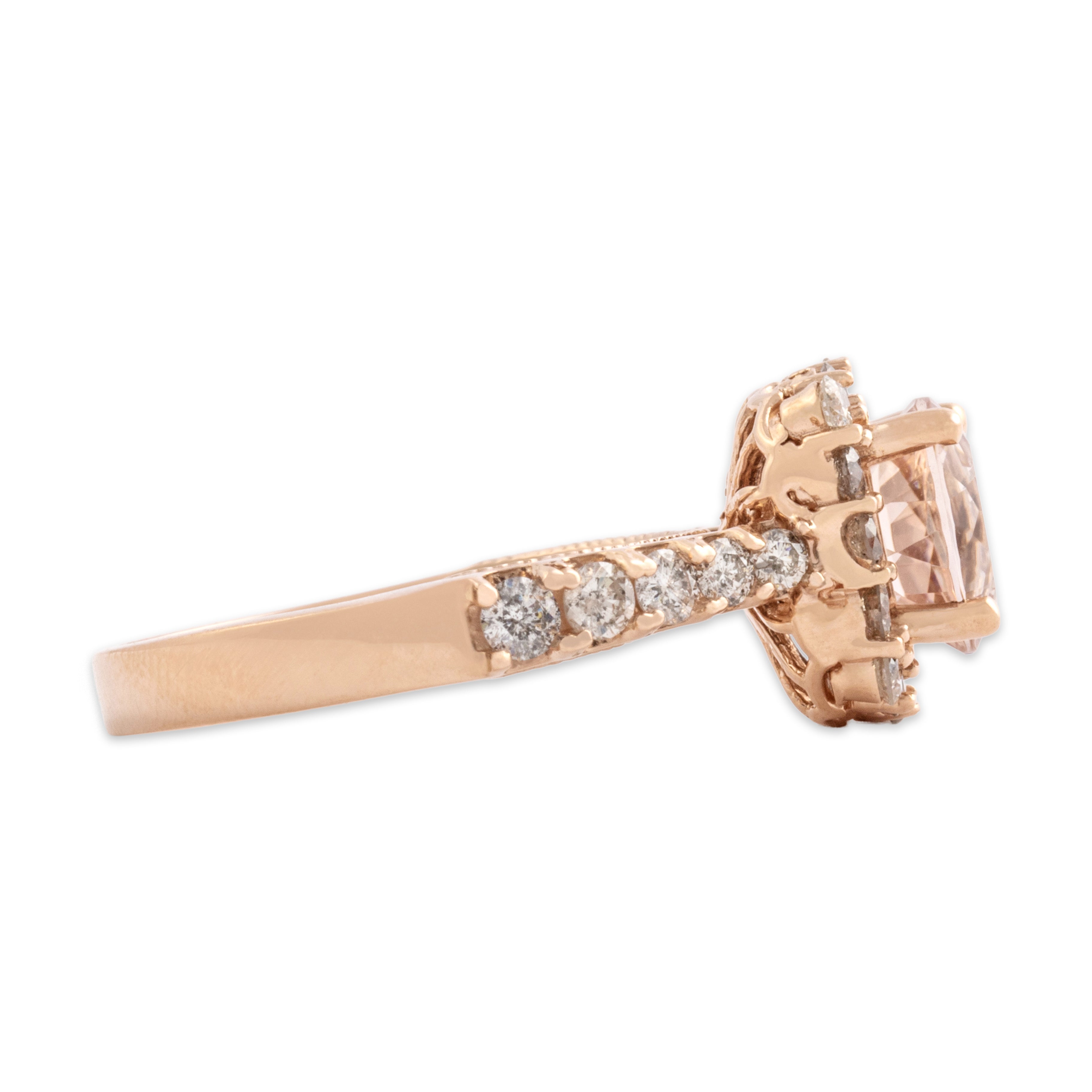 Estate 14k Rose Gold 2.03ct Morganite .74cttw Diamond Glittering Milgrain Square Halo Ring - Side view