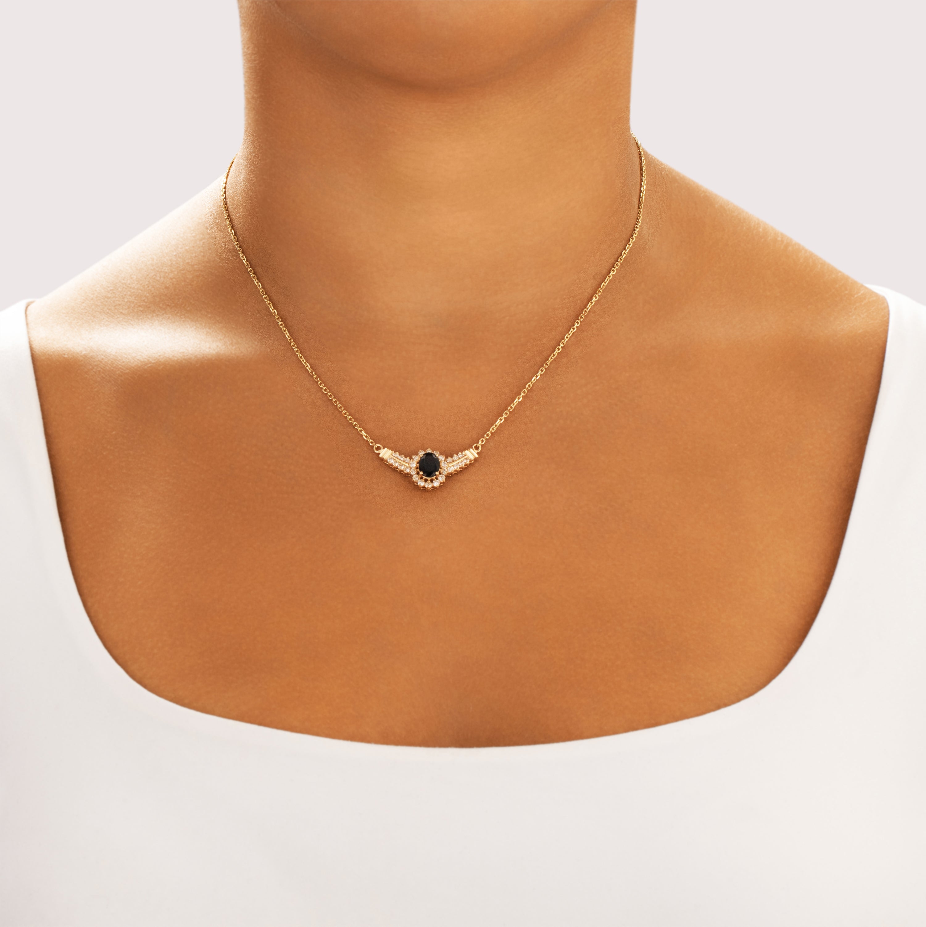Vintage 14k Yellow Gold 1.35ct Sapphire Diamond Accented Oval Halo Necklace - On model view