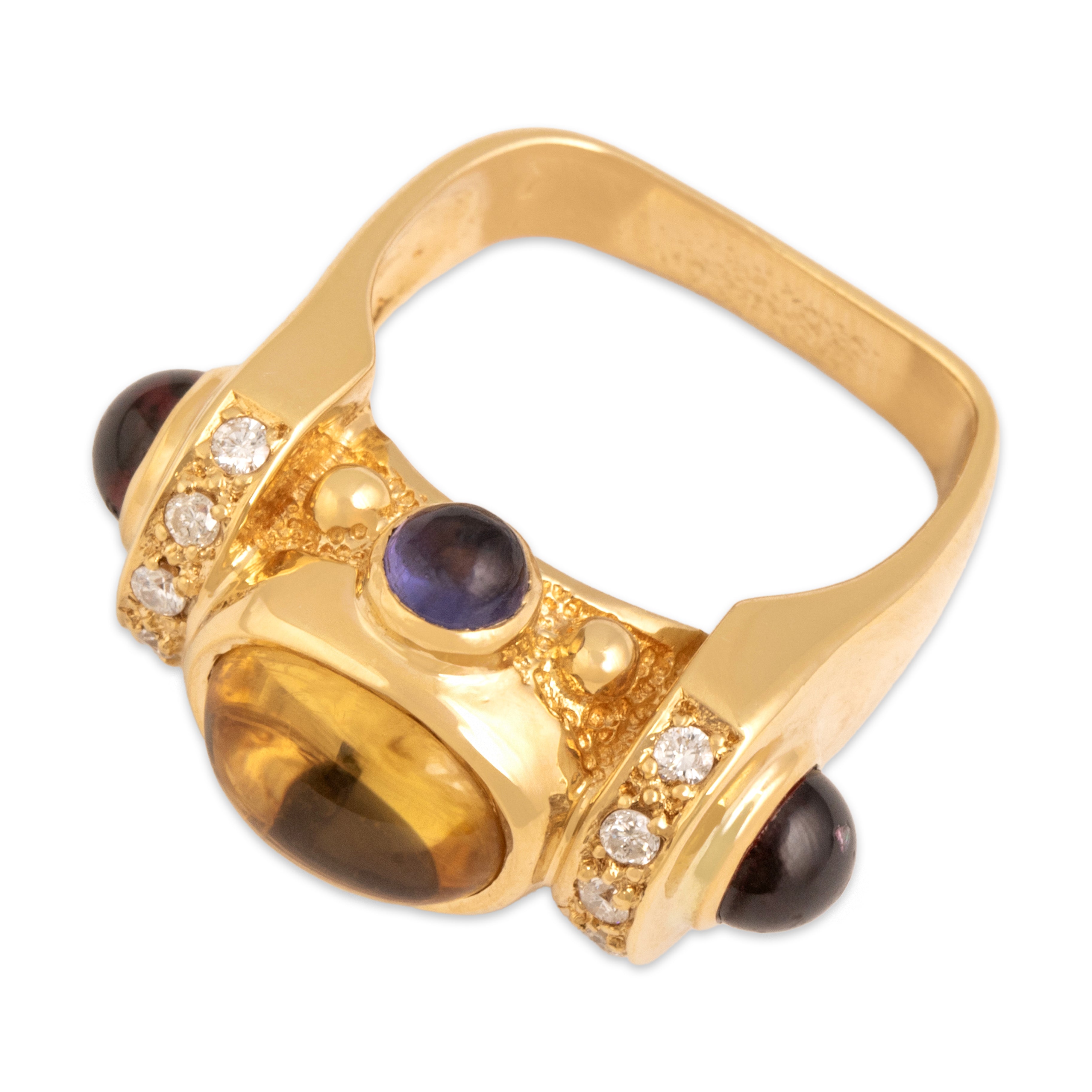 Vintage 18k Yellow Gold 2.44ct Citrine 1.12cttw Garnet Iolite Diamond Bold Cabochon Statement Ring - Overall view
