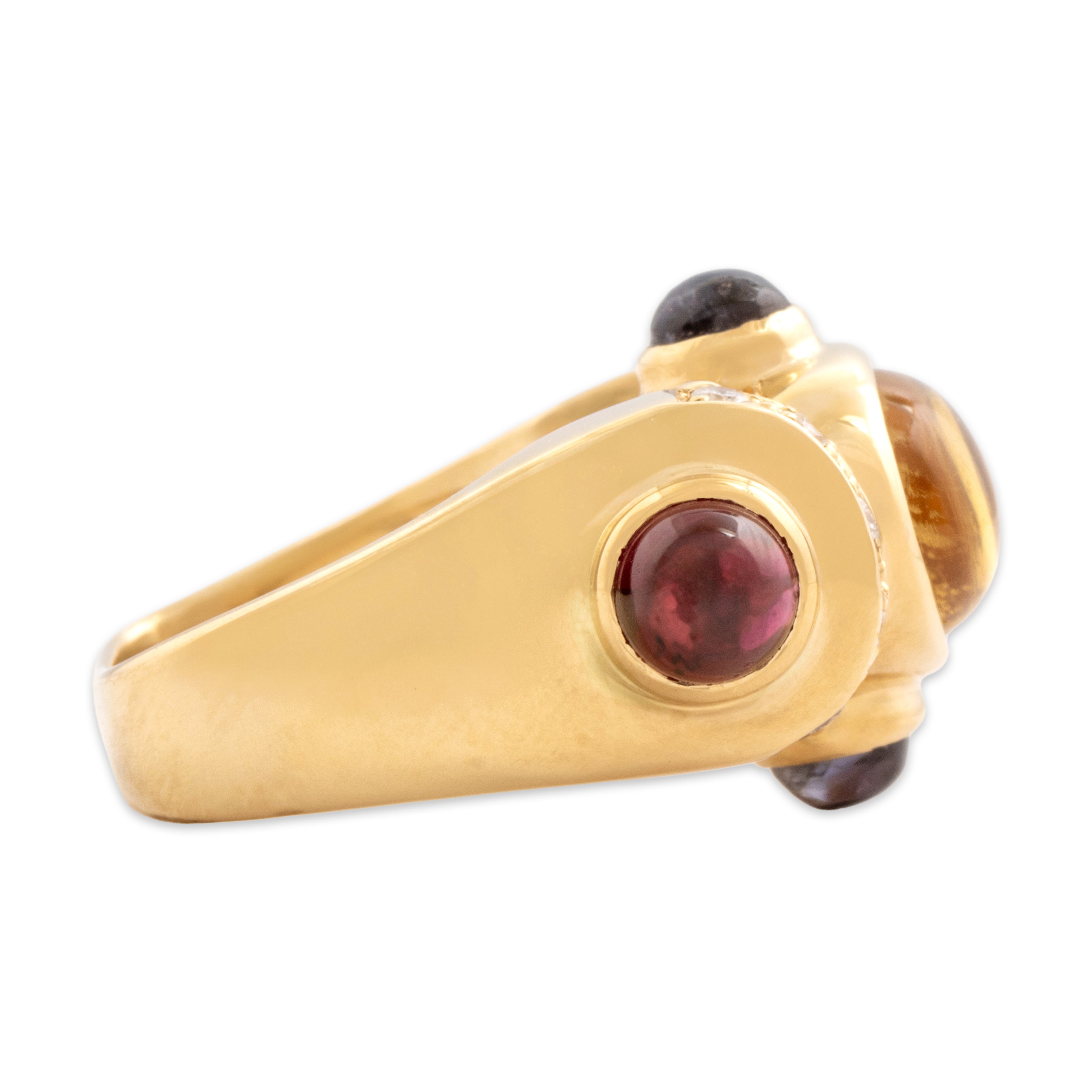 Vintage 18k Yellow Gold 2.44ct Citrine 1.12cttw Garnet Iolite Diamond Bold Cabochon Statement Ring - Side view