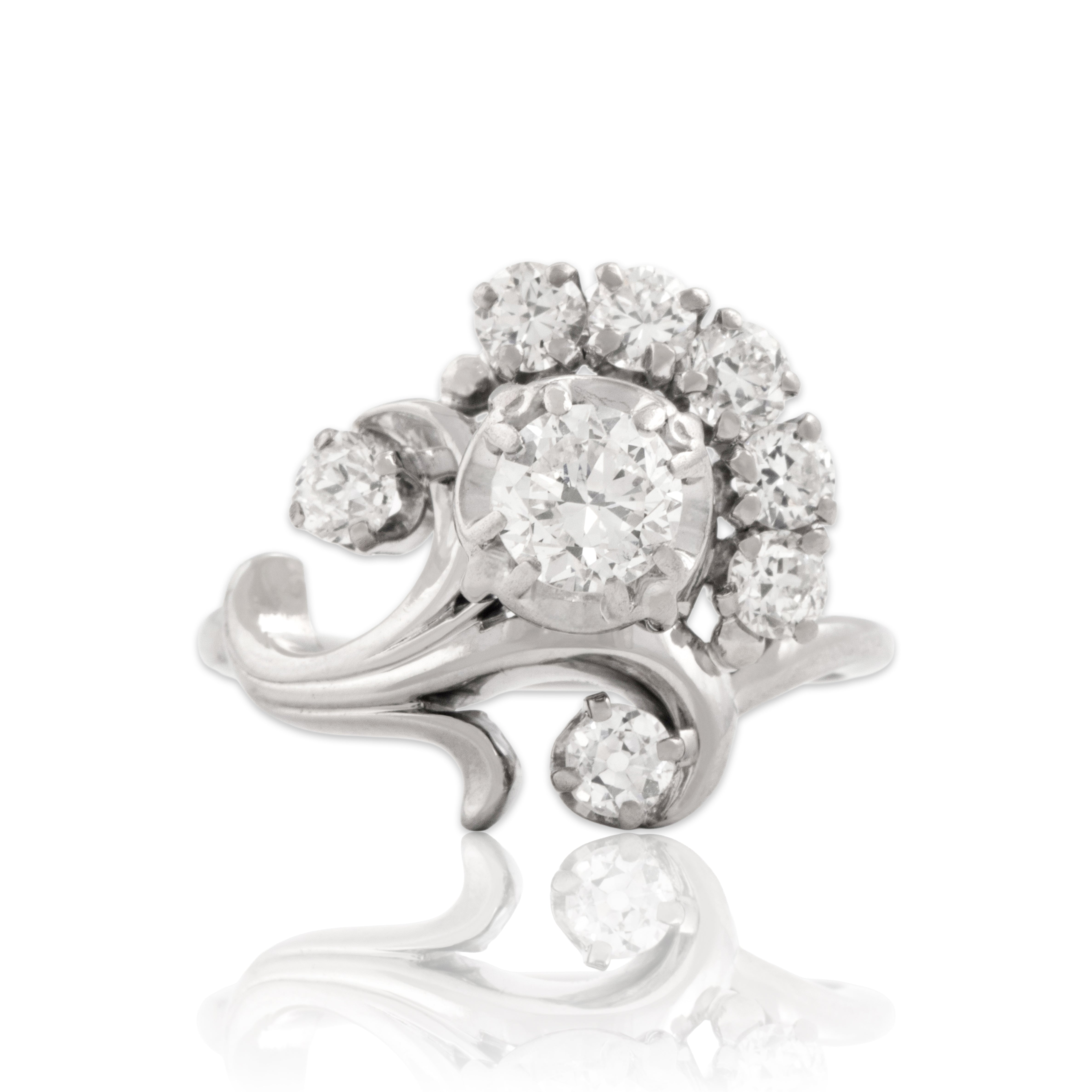 Vintage 18k White Gold 1.37cttw Old European Old Mine Cut Diamond Superb Swirling Cluster Ring - Close-up view