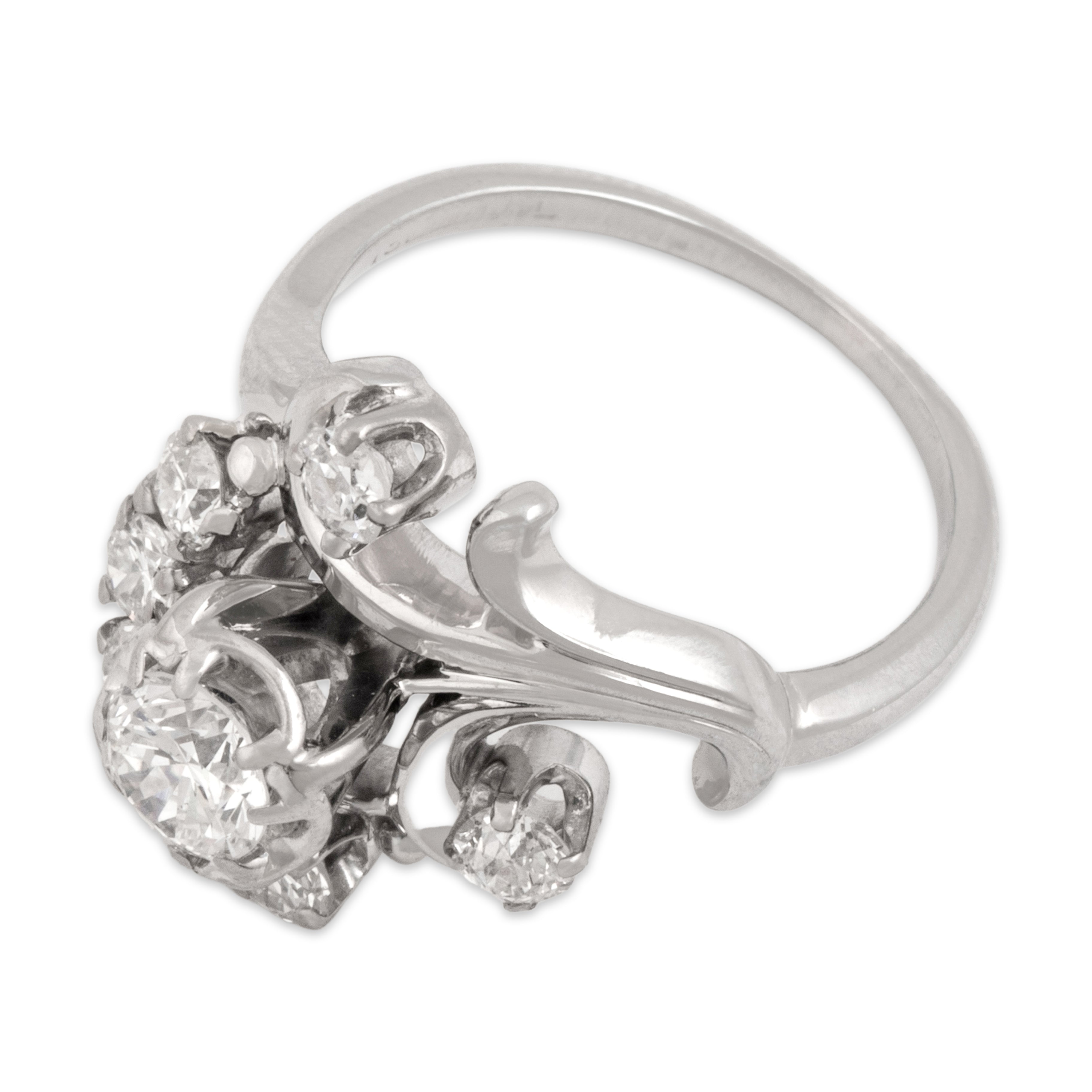 Vintage 18k White Gold 1.37cttw Old European Old Mine Cut Diamond Superb Swirling Cluster Ring - Overall view