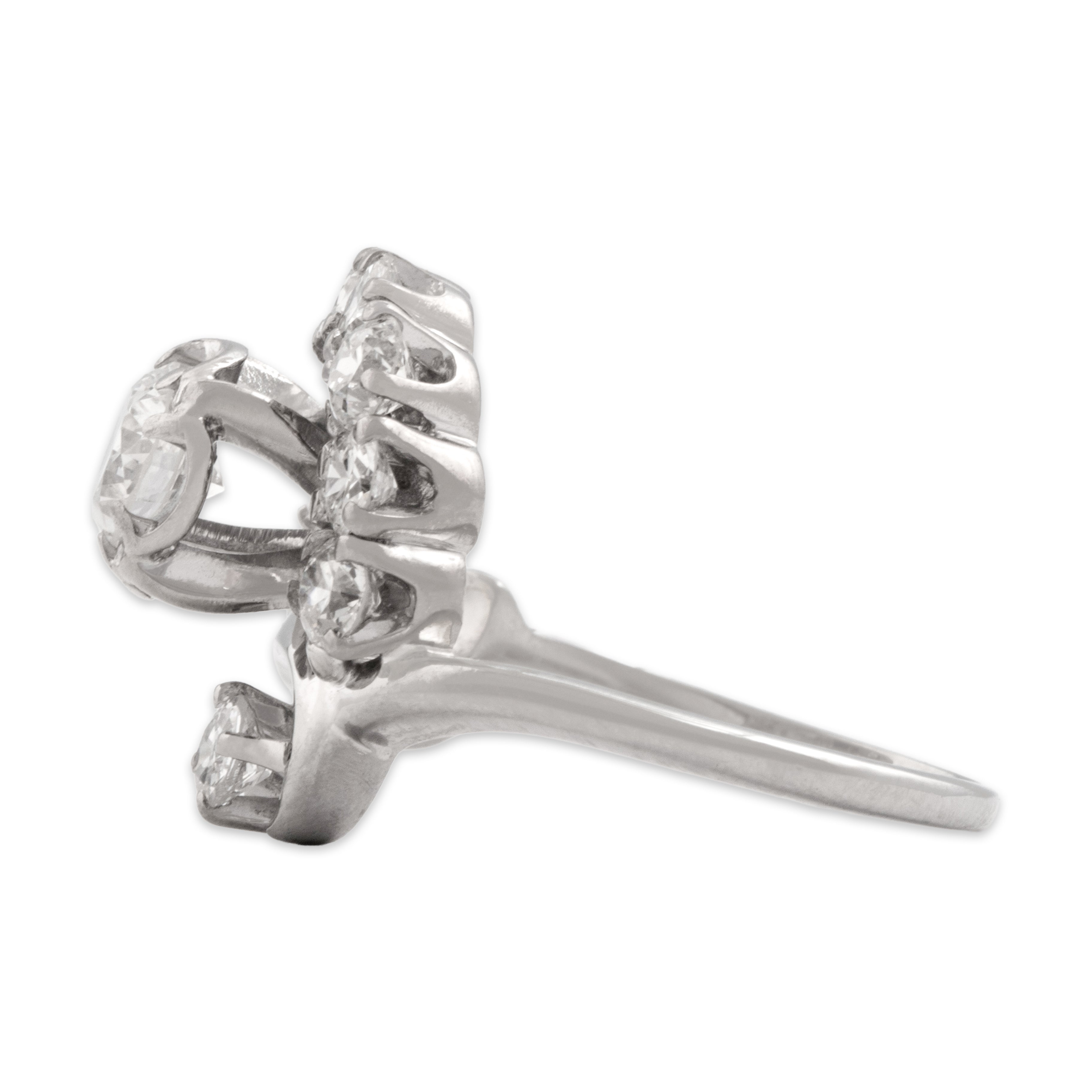 Vintage 18k White Gold 1.37cttw Old European Old Mine Cut Diamond Superb Swirling Cluster Ring - Side view