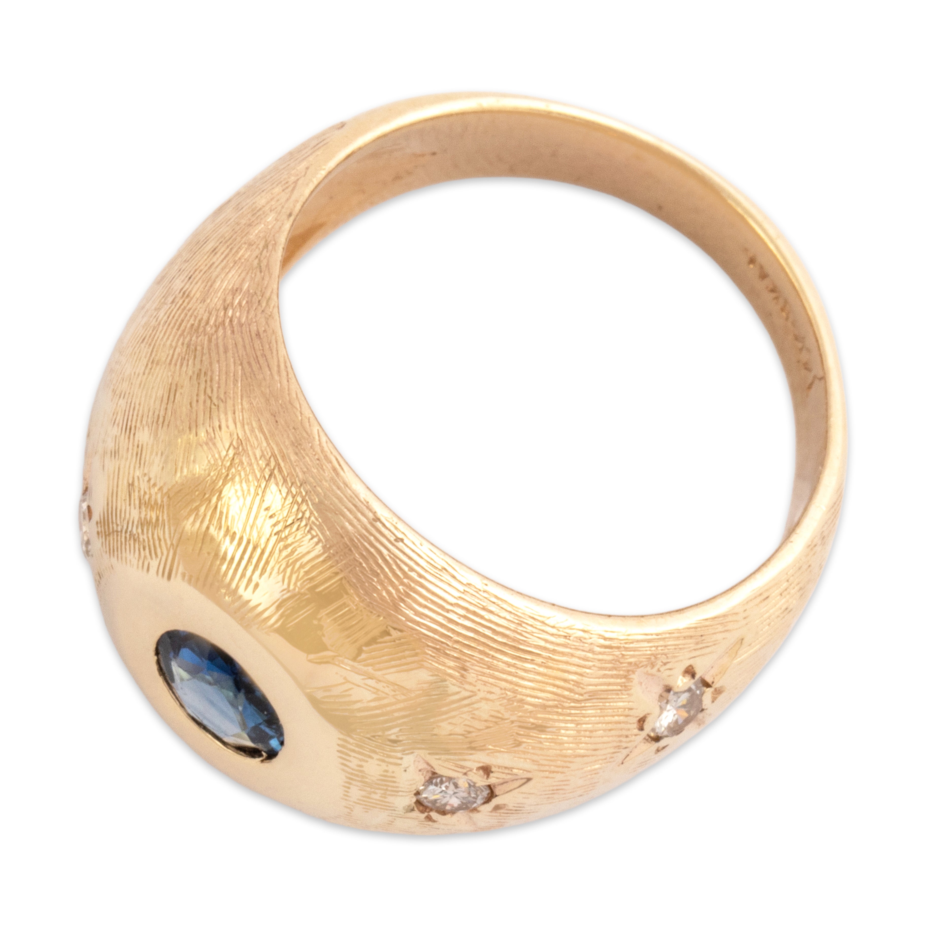 Vintage 14k Yellow Gold Blue Sapphire Diamond Star Detailed Etched Dome Band Ring - Overall view