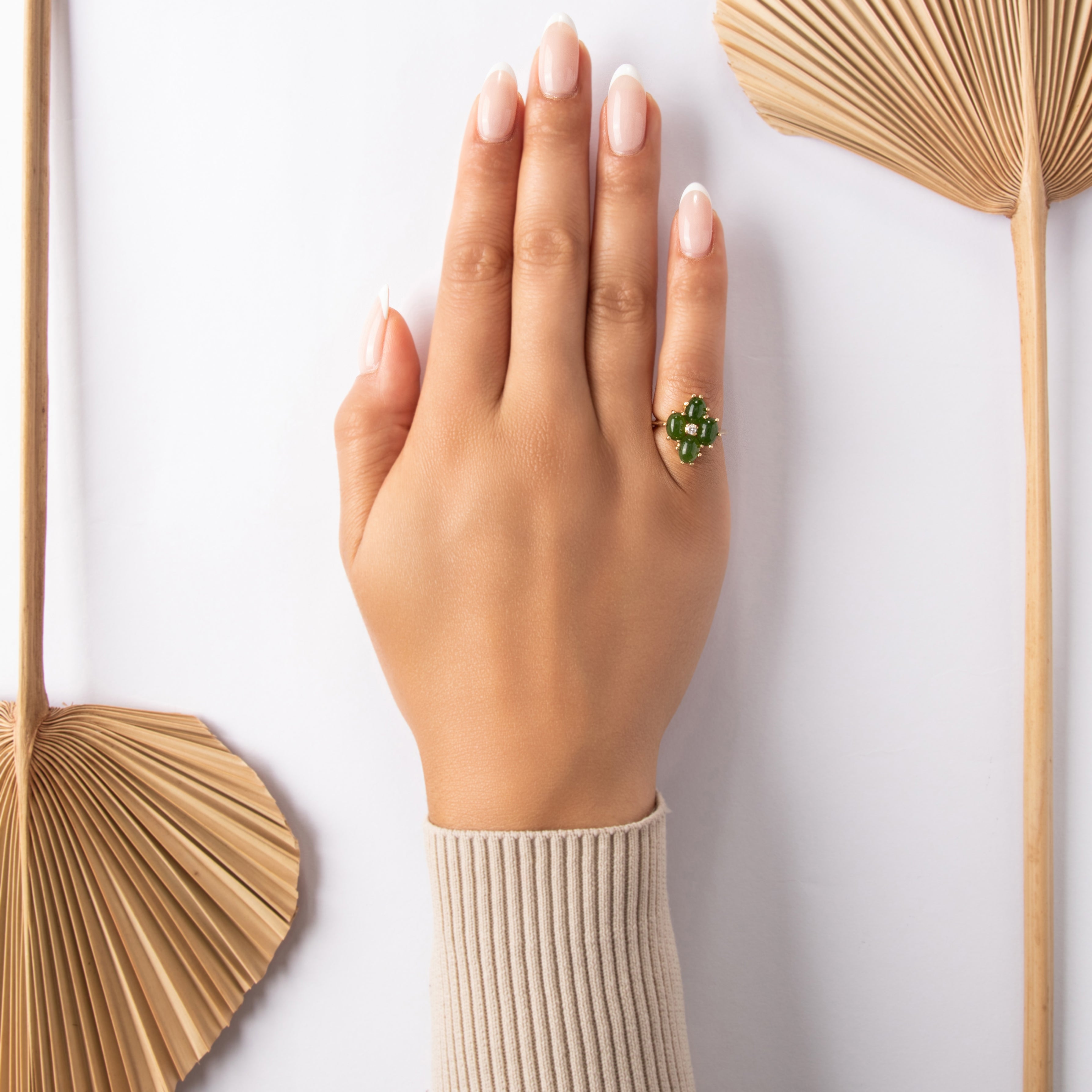 Vintage 14k Yellow Gold 2.8cttw Jade Diamond Chic Cabochon Quatrefoil Ring - On model view